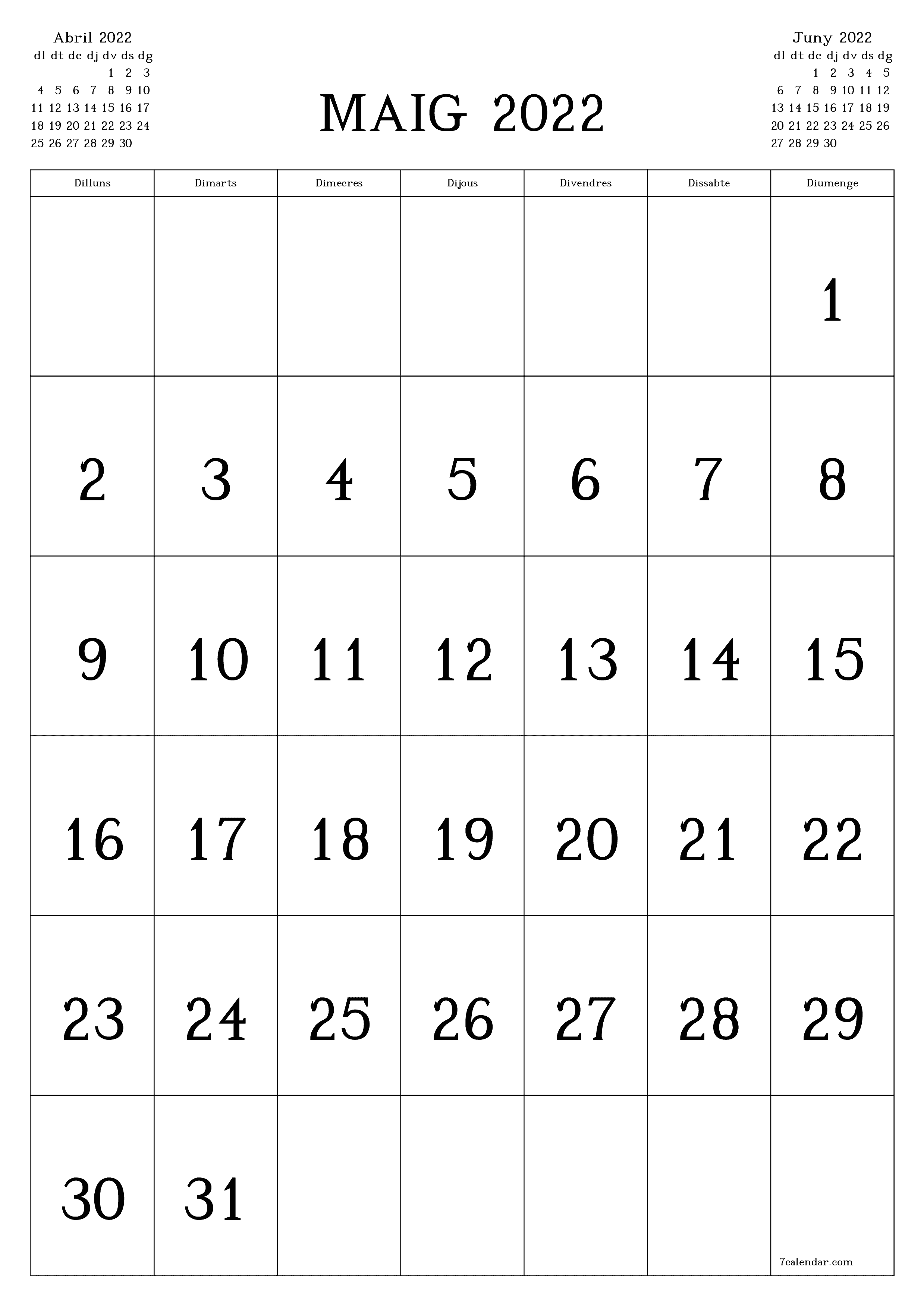  imprimible de paret plantilla de gratuïtvertical Mensual calendari Maig (Mai) 2022