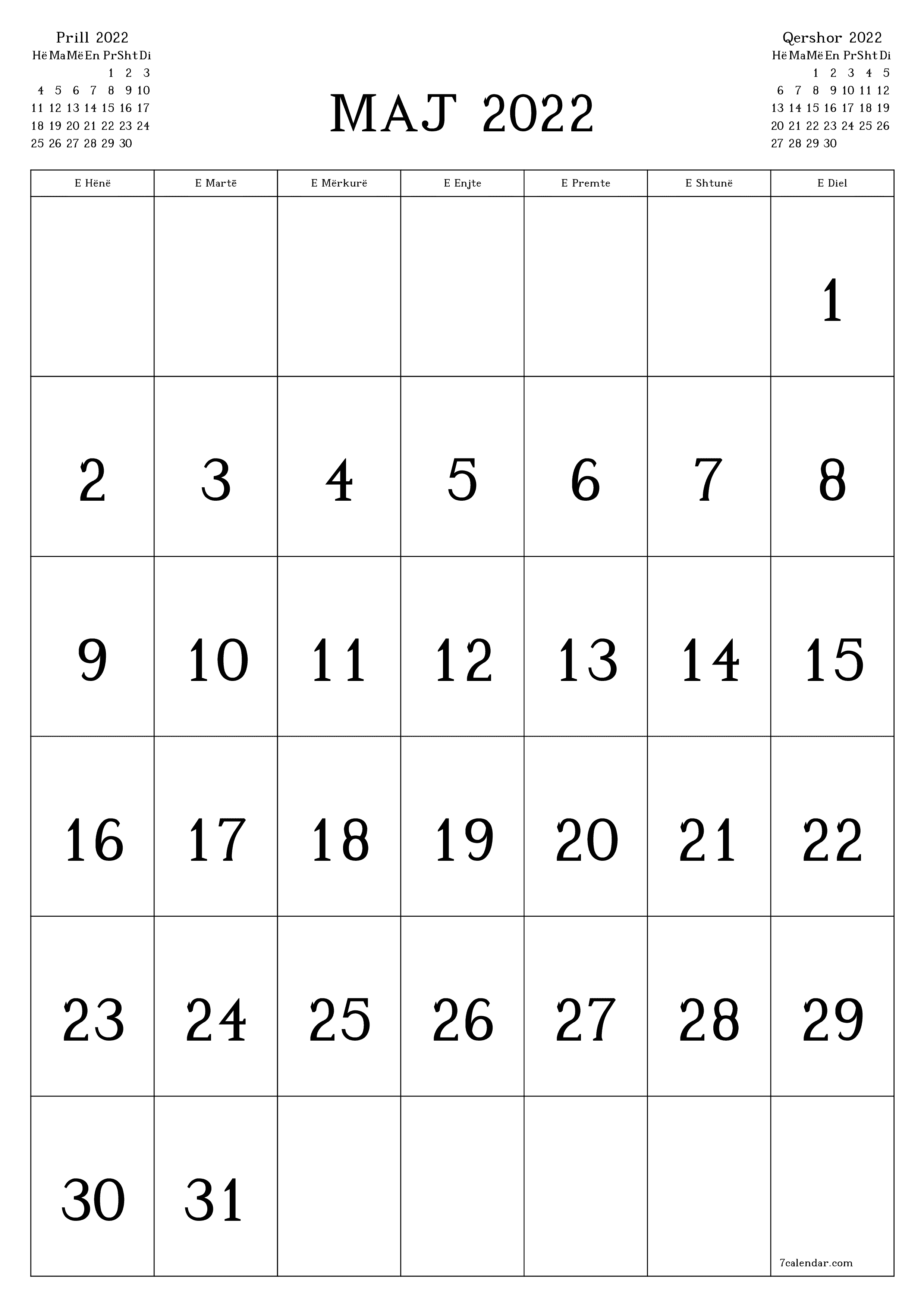 Planifikuesi i zbrazët i kalendarit mujor për muajin Maj 2022 me shënime të ruajtura dhe të printuara në PDF PNG Albanian - 7calendar.com