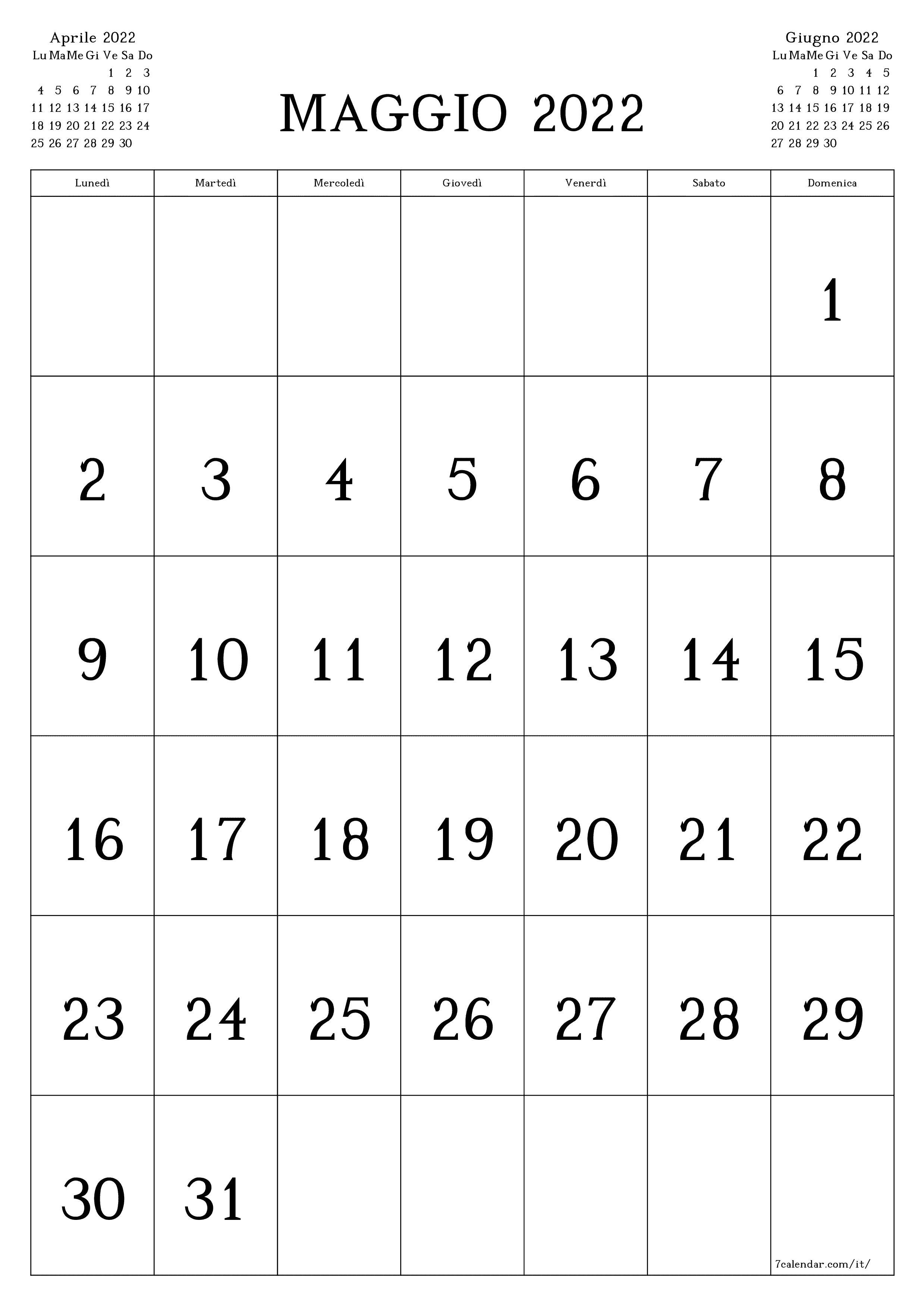 Calendario mensile vuoto per il mese Maggio 2022 salva e stampa in PDF PNG Italian - 7calendar.com