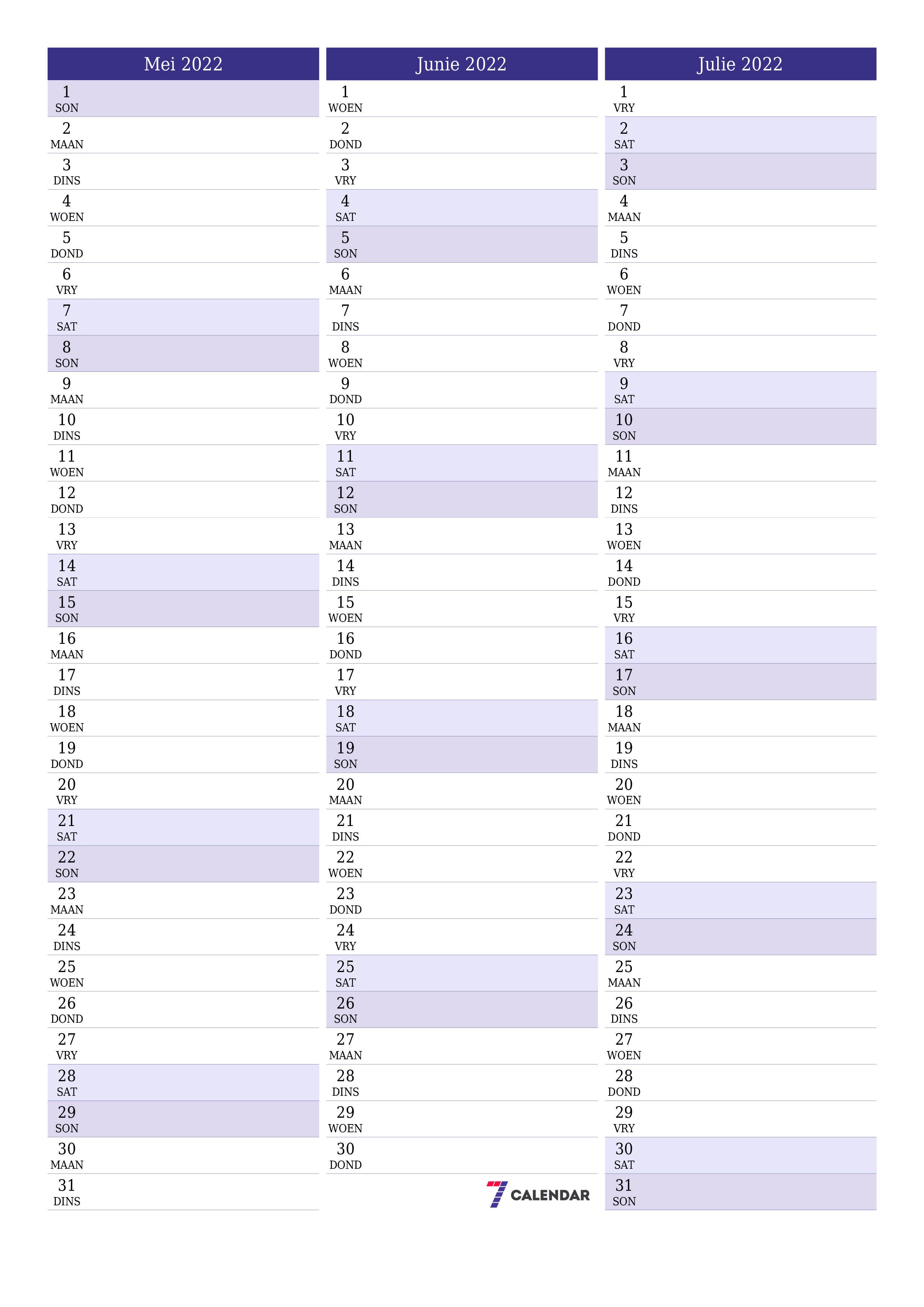 Leë maandelikse drukbare kalender en beplanner vir maand Mei 2022 met notas stoor en druk na PDF PNG Afrikaans