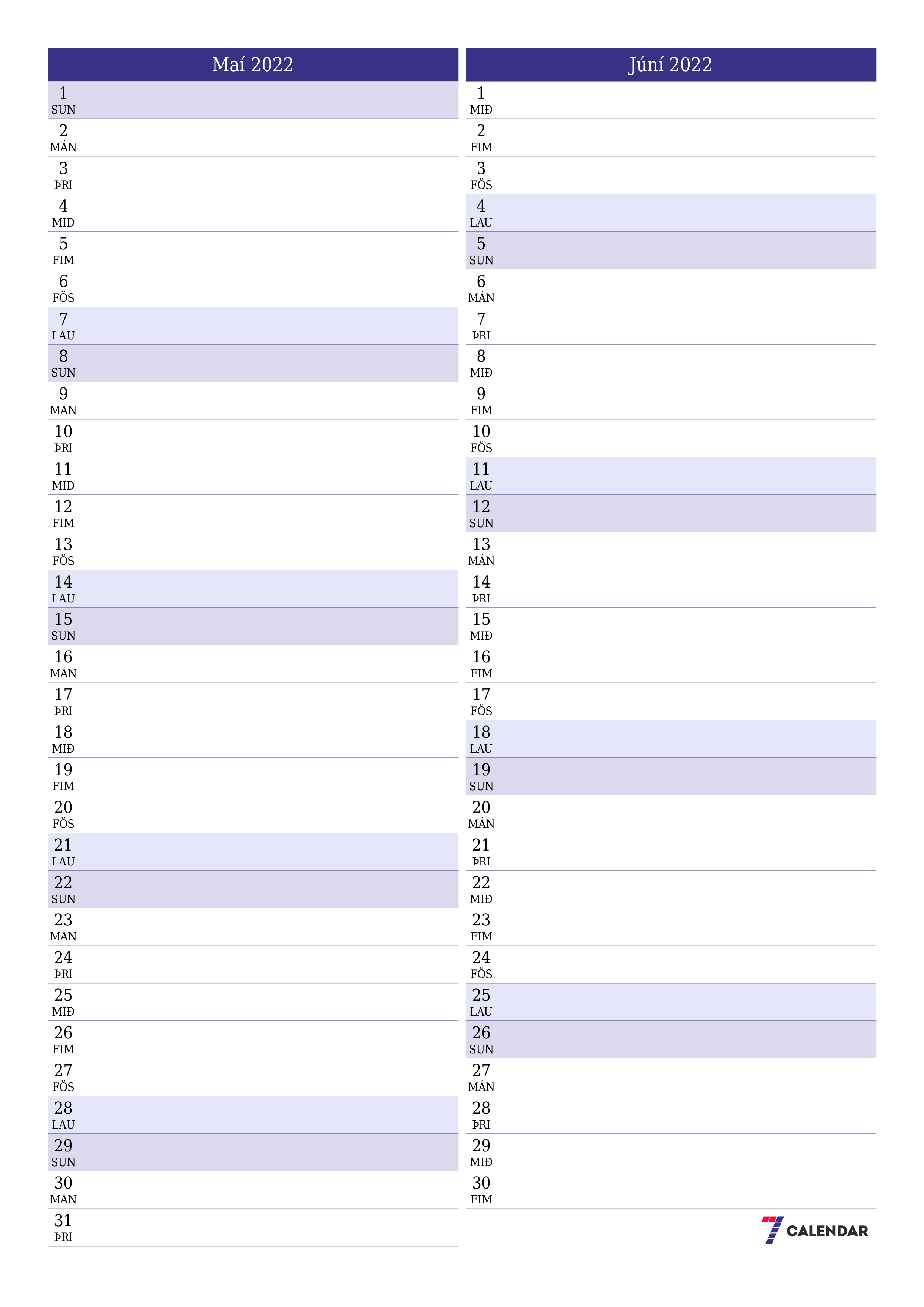 Tómur mánaðarlegur skipuleggjandi fyrir mánuðinn Maí 2022 með athugasemdum, vista og prenta á PDF PNG Icelandic