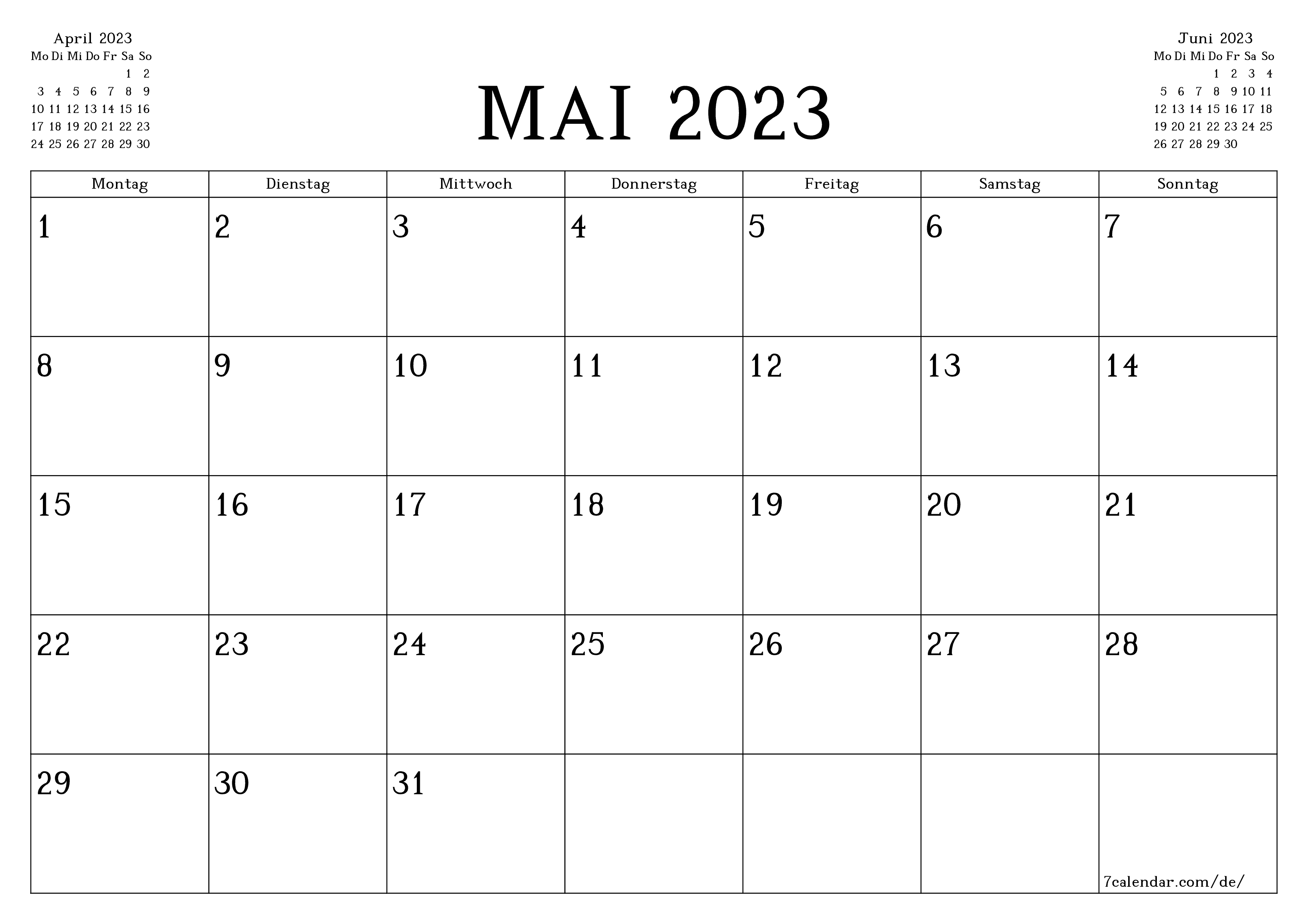 Monatsplaner für Monat Mai 2023 mit Notizen leeren, speichern und als PDF PNG German - 7calendar.com drucken