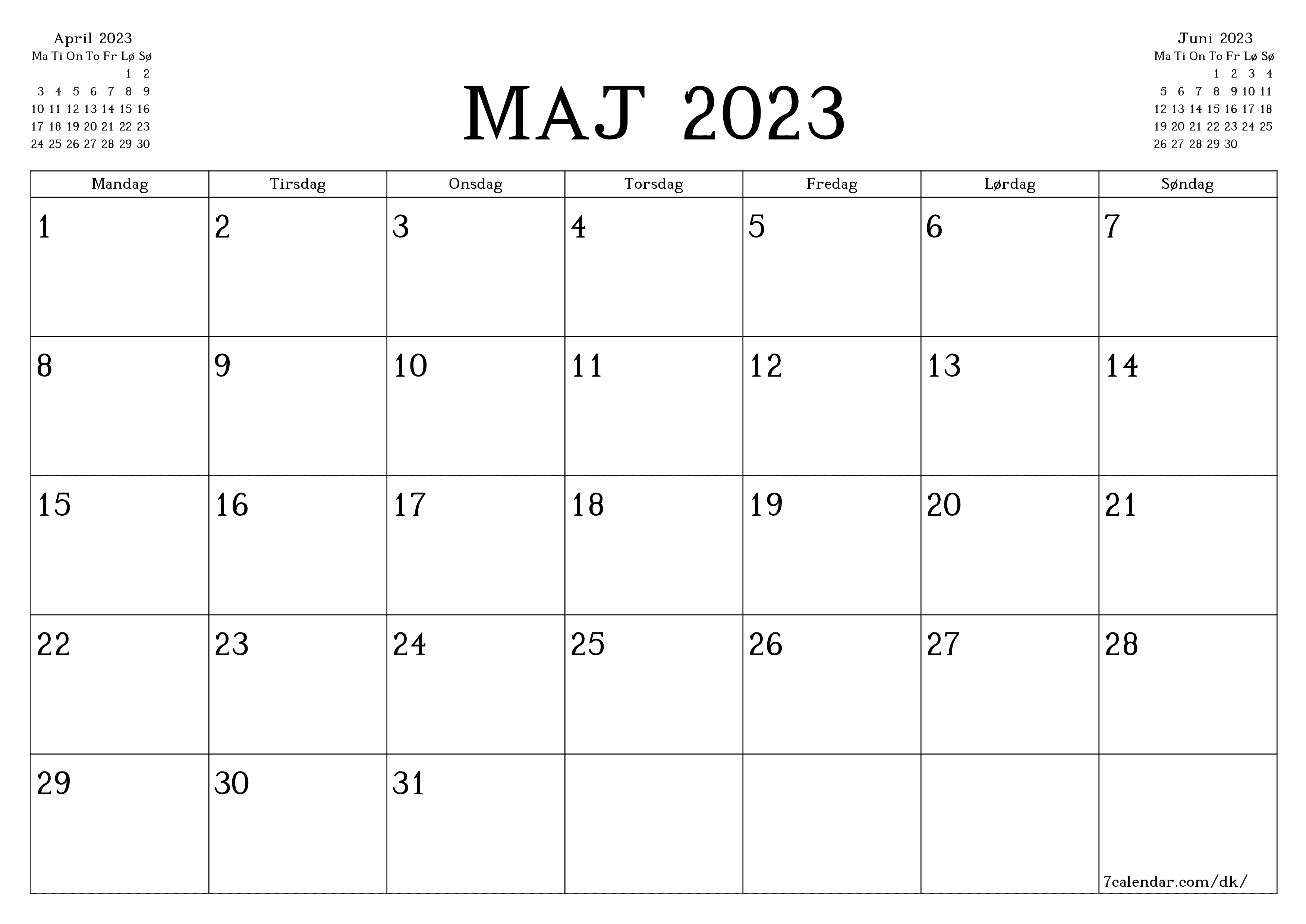 Tom månedlig planlægning for måned Maj 2023 med noter, gem og udskriv til PDF PNG Danish
