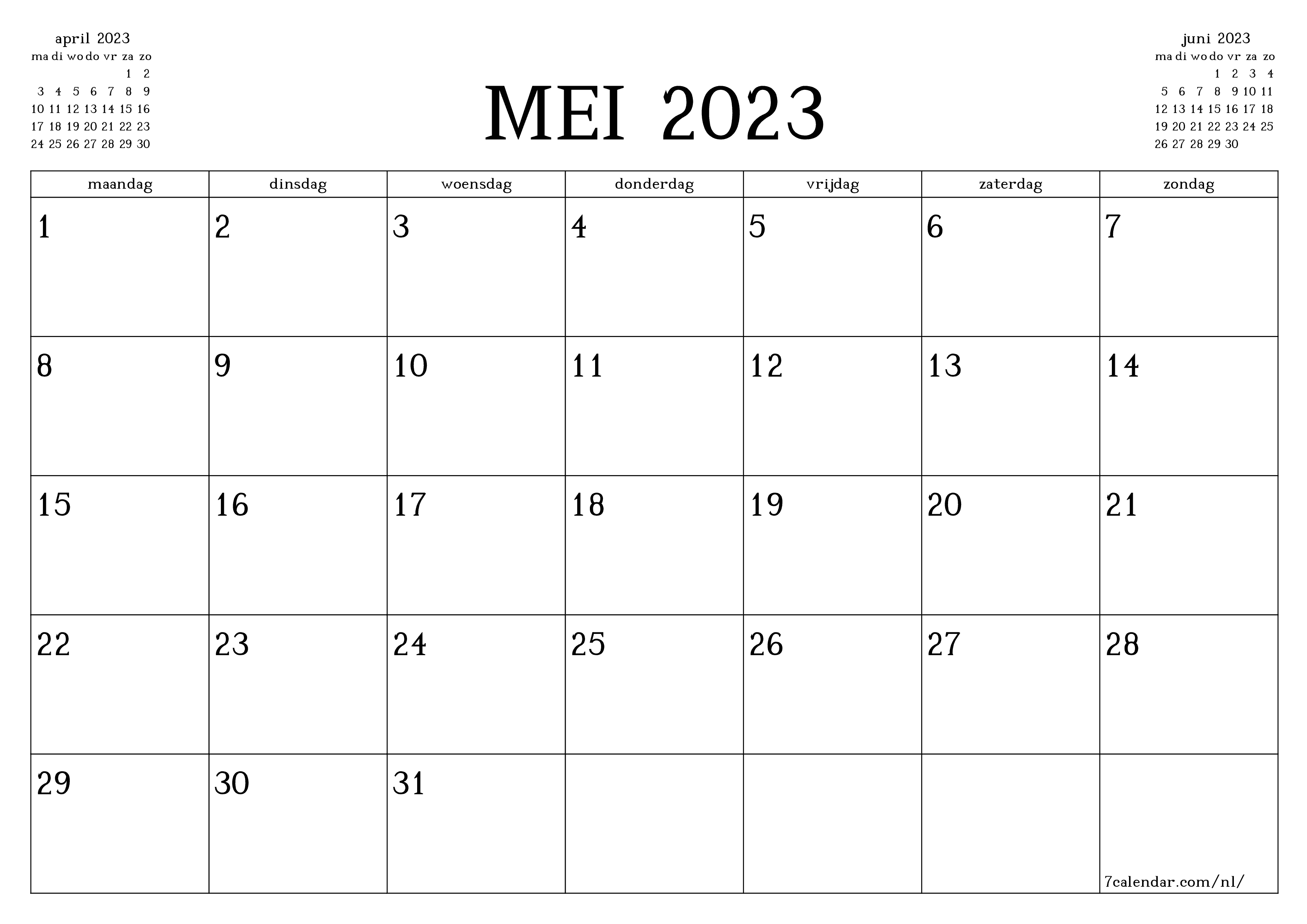 Lege maandplanner voor maand mei 2023 met notities, opslaan en afdrukken naar pdf PNG Dutch