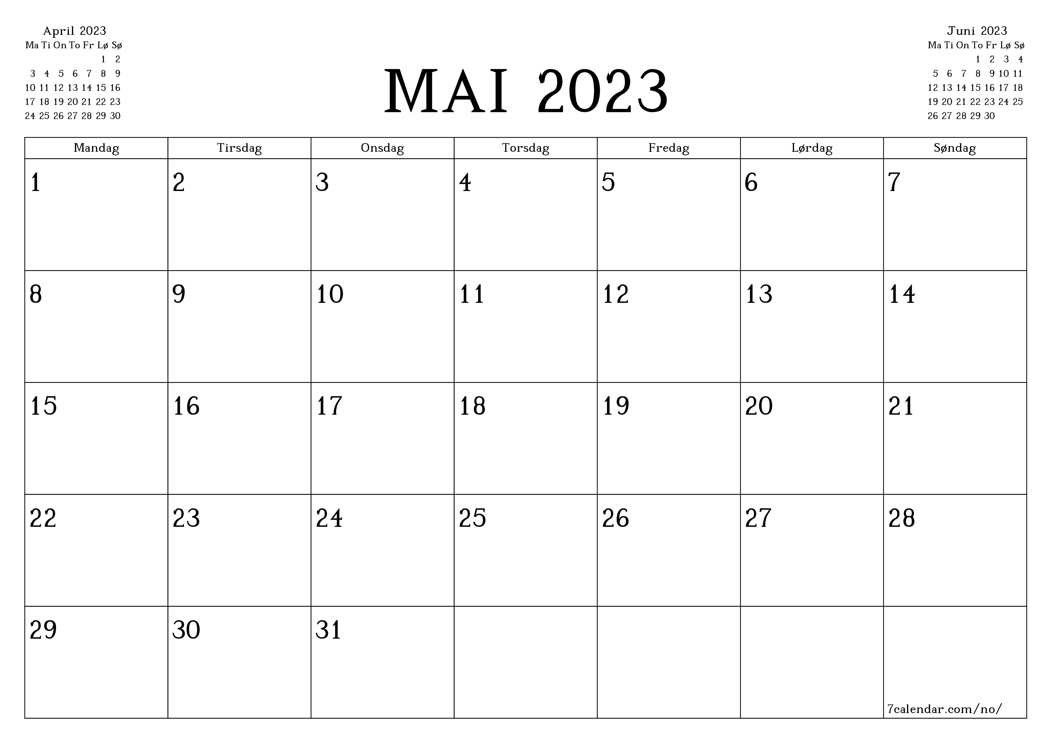 Tom månedlig planlegger for måned Mai 2023 med notater, lagre og skriv ut til PDF PNG Norwegian