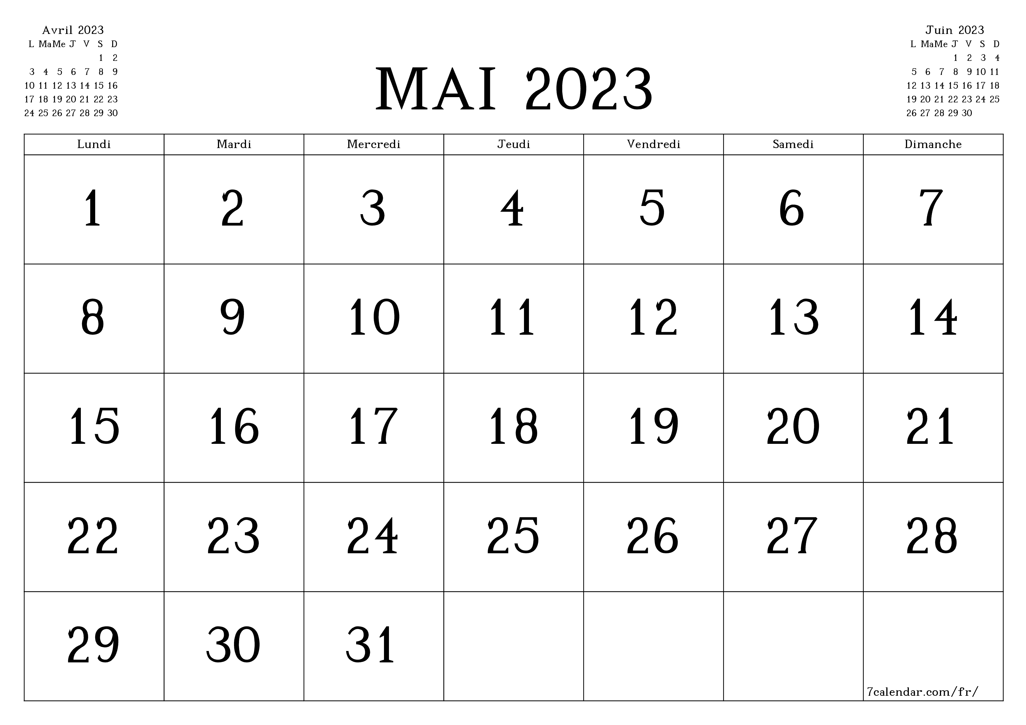 Agenda mensuel vide pour le mois Mai 2023 avec notes, enregistrez et imprimez au format PDF PNG French