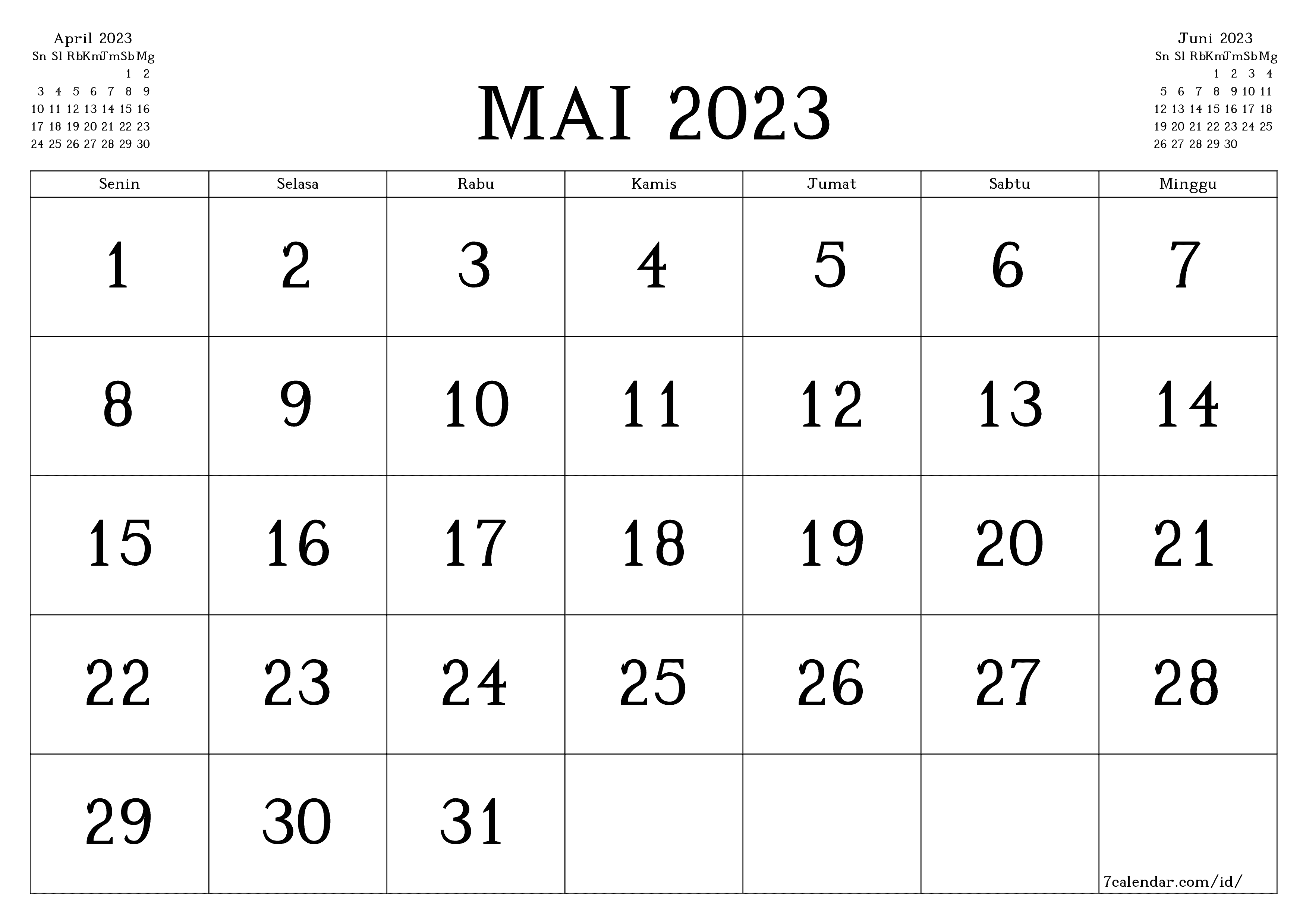  yang dapat dicetak dinding templat gratishorisontal Bulanan kalender Mai (Mai) 2023