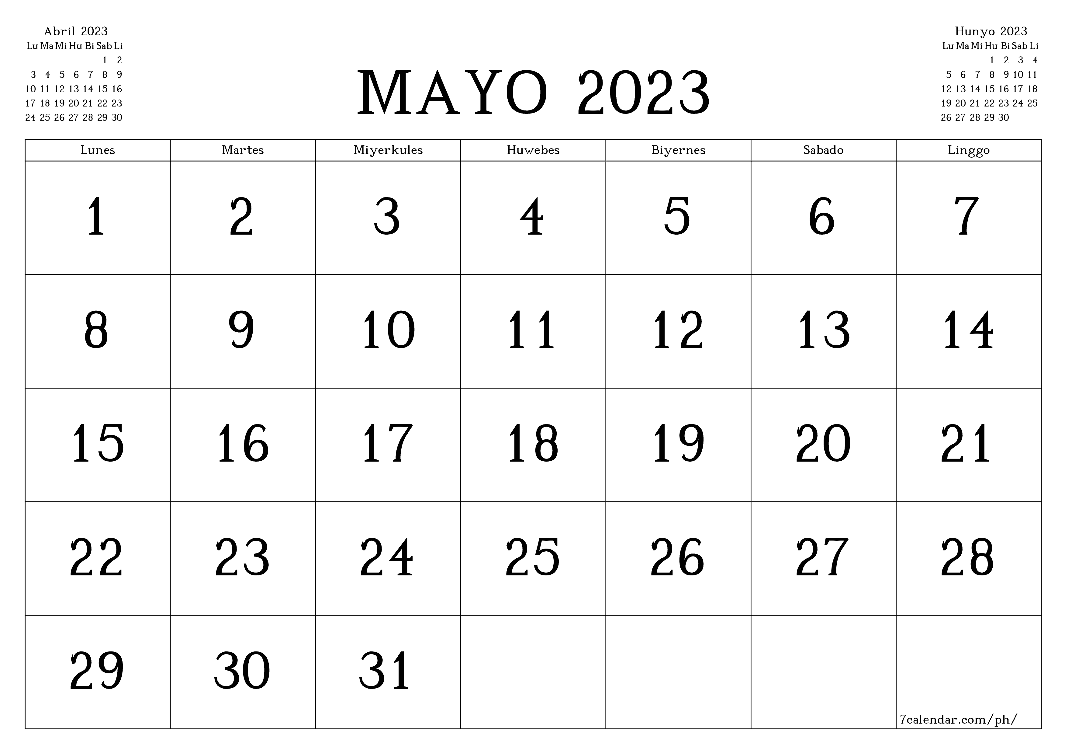 napi-print na sa dingding template ng libreng pahalang Buwanang kalendaryo Mayo (May) 2023