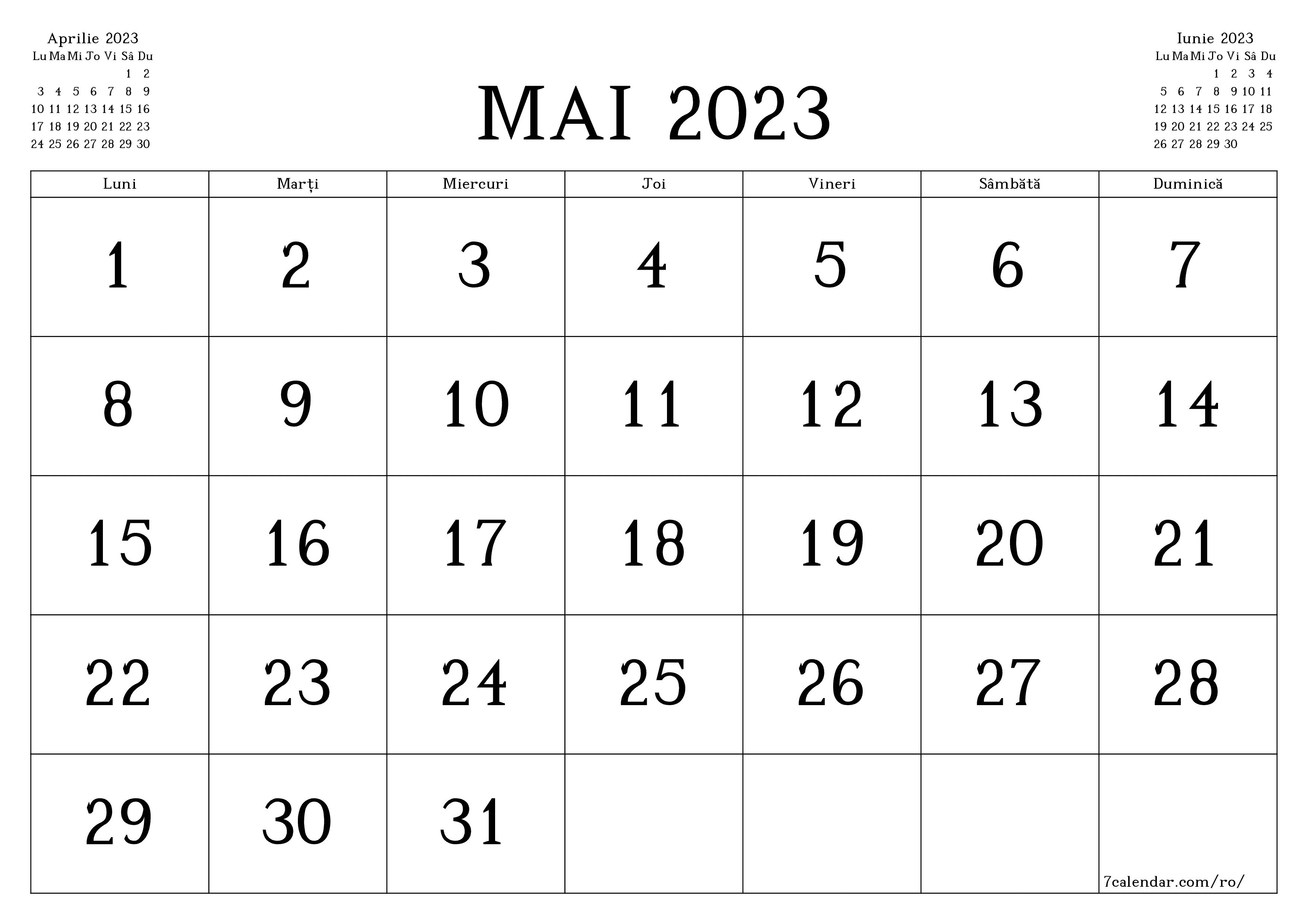 Planificator lunar gol pentru luna Mai 2023 cu note, salvați și tipăriți în PDF PNG Romanian
