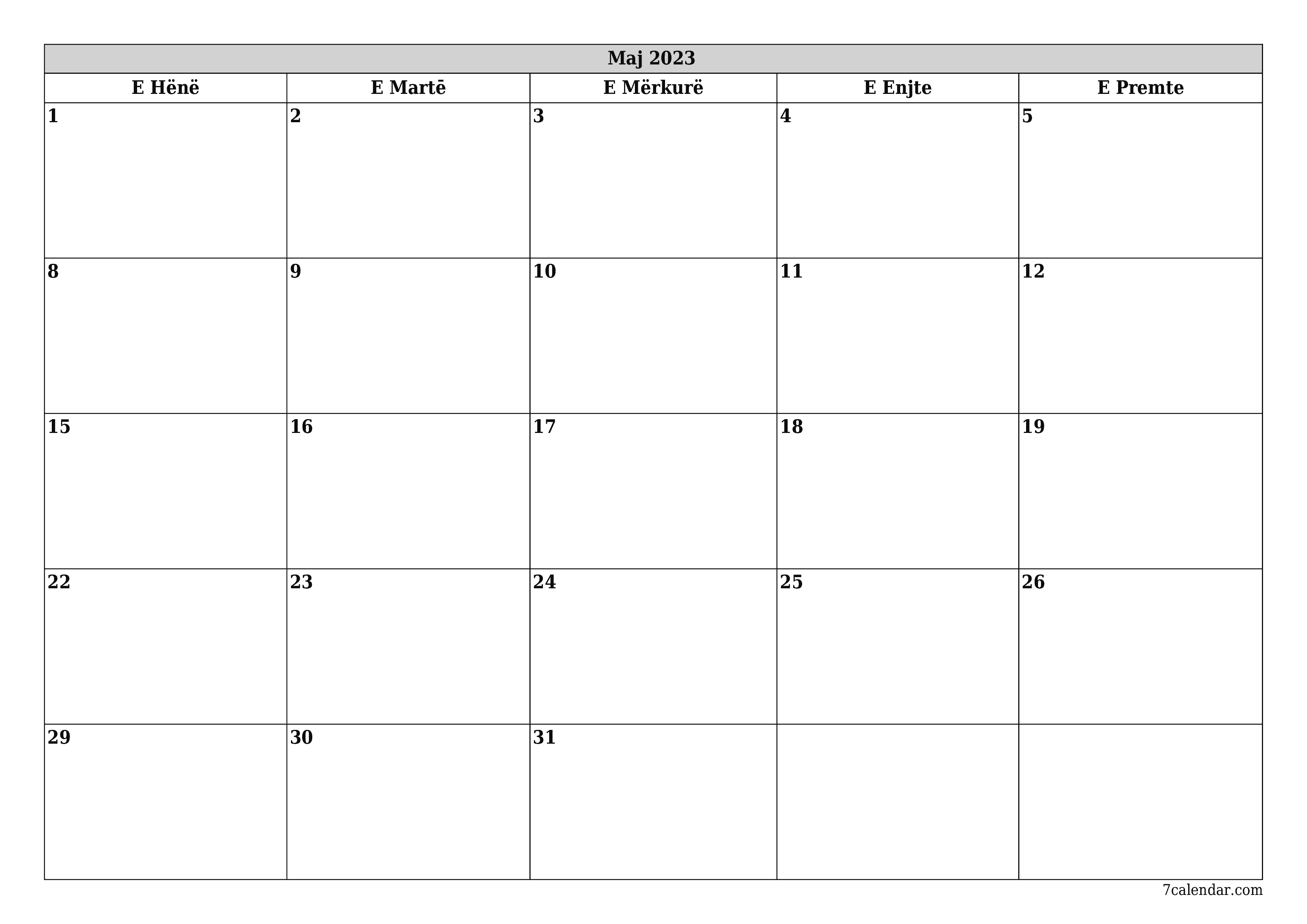 Planifikuesi i zbrazët i kalendarit mujor për muajin Maj 2023 me shënime të ruajtura dhe të printuara në PDF PNG Albanian