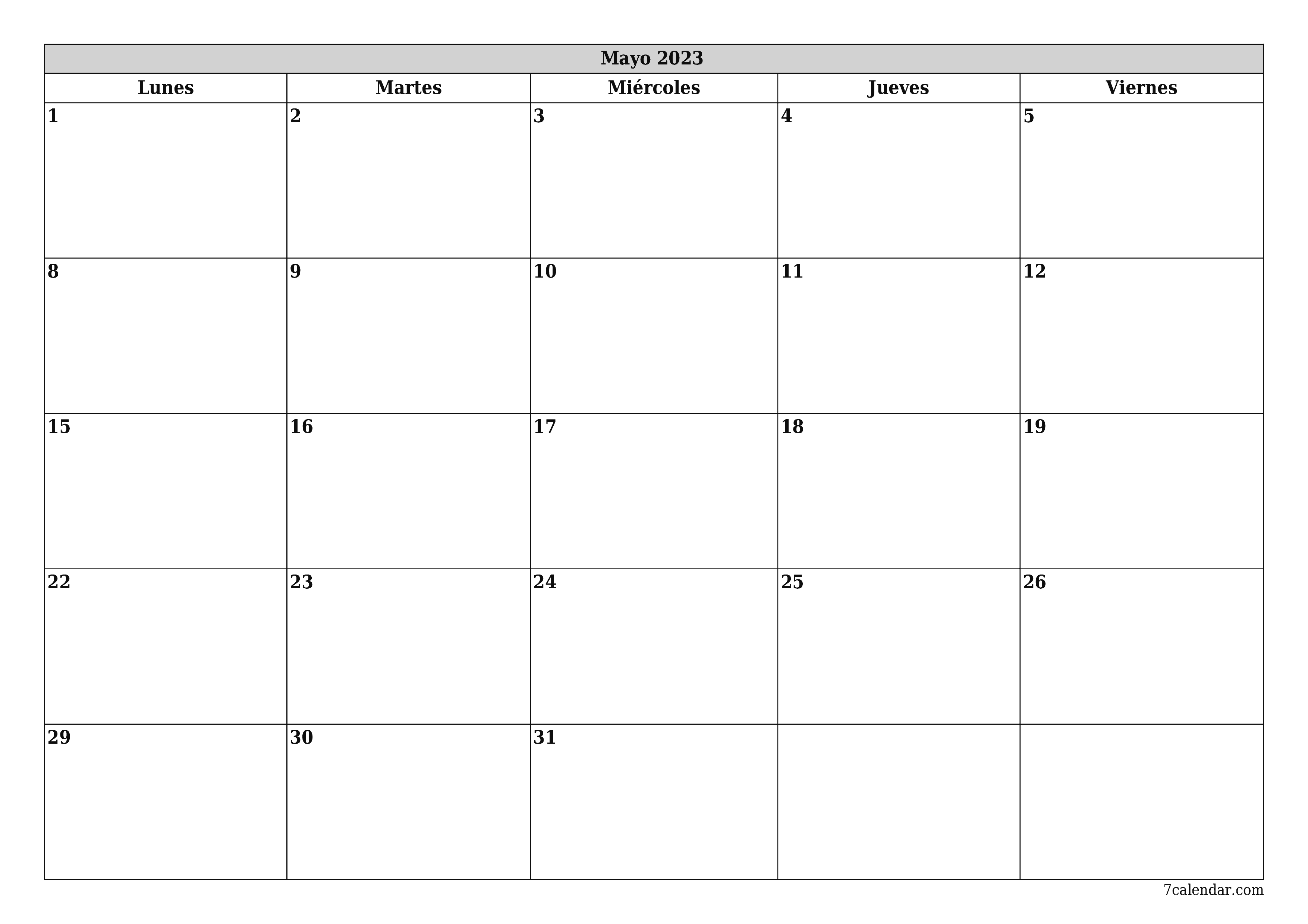 Planificador mensual vacío para el mes Mayo 2023 con notas, guardar e imprimir en PDF PNG Spanish