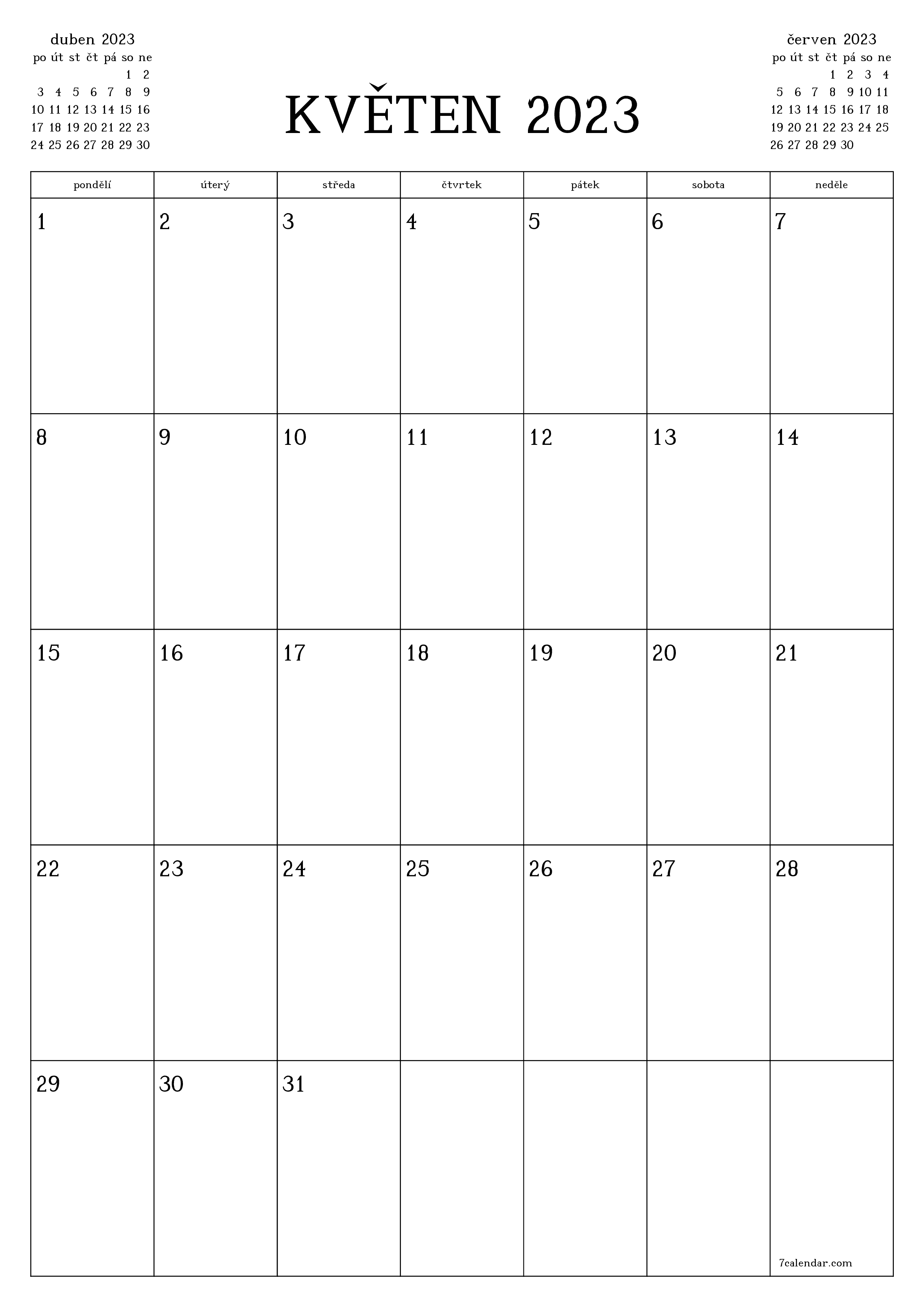  pro tisk nástěnný šablona e zdarmavertikální Měsíční plánovač kalendář květen (kvě) 2023