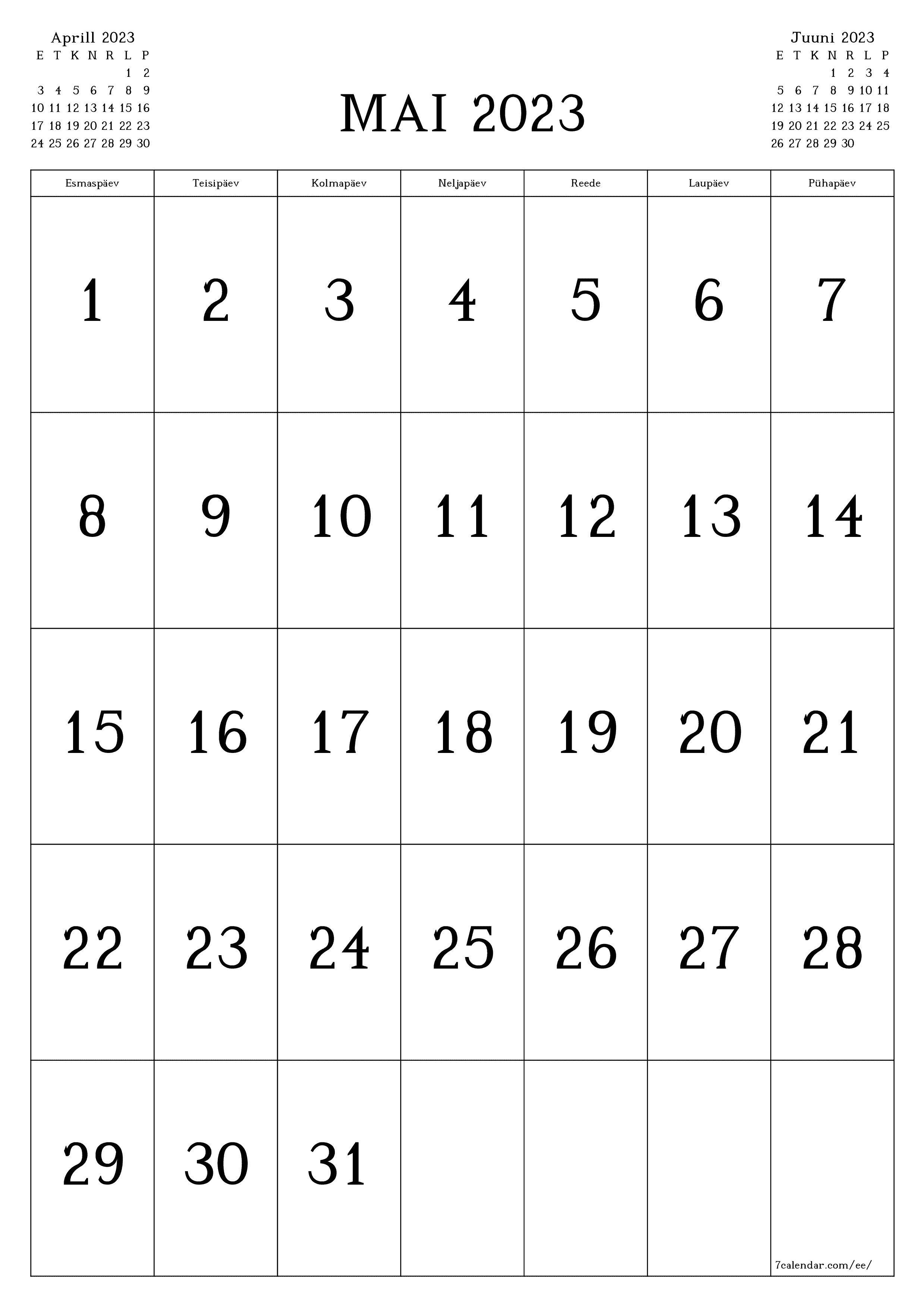 prinditav seina kalendri mall tasuta vertikaalne Igakuine kalender Mai (Mai) 2023