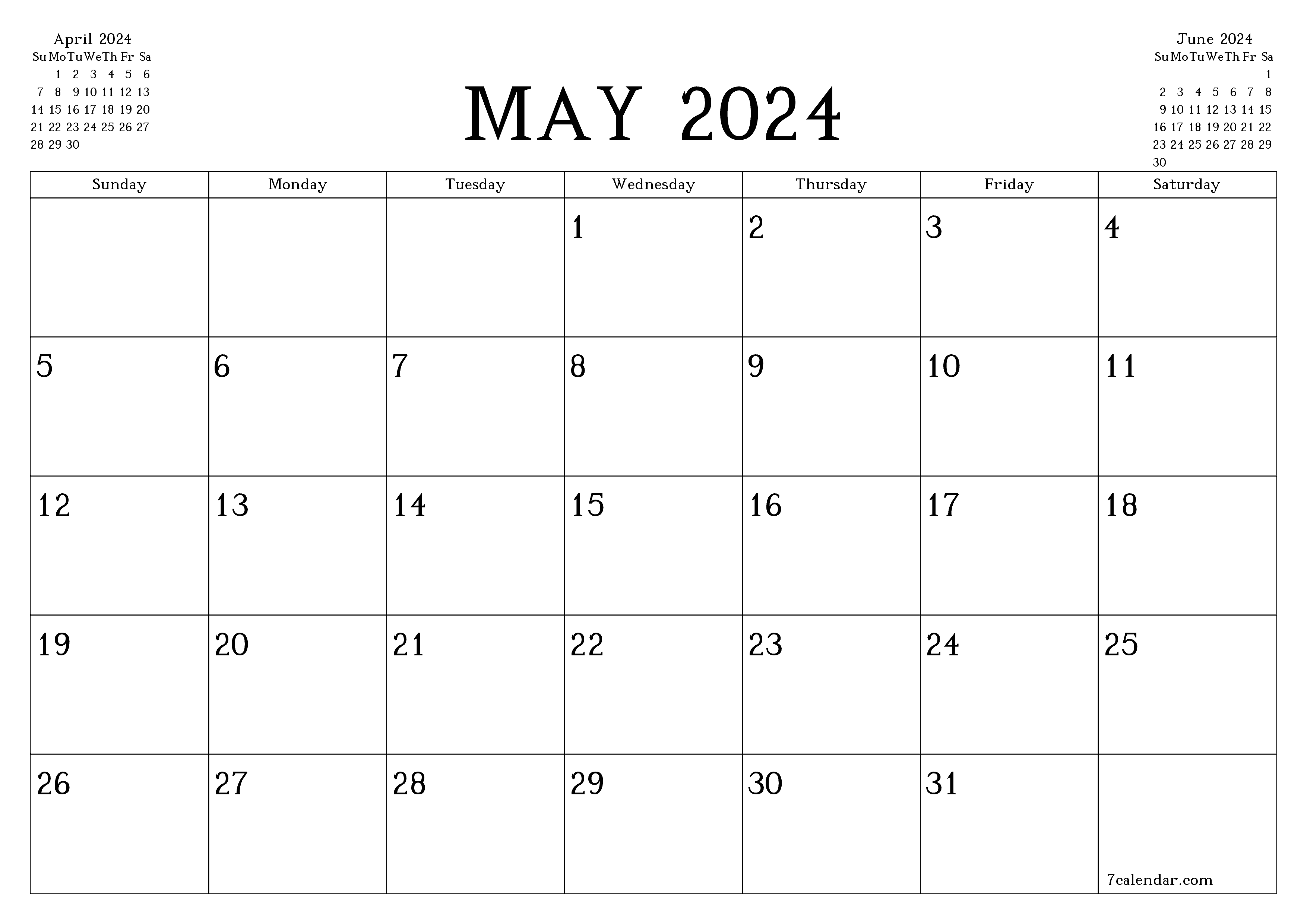printable wall template free horizontal Monthly planner calendar May (May) 2024