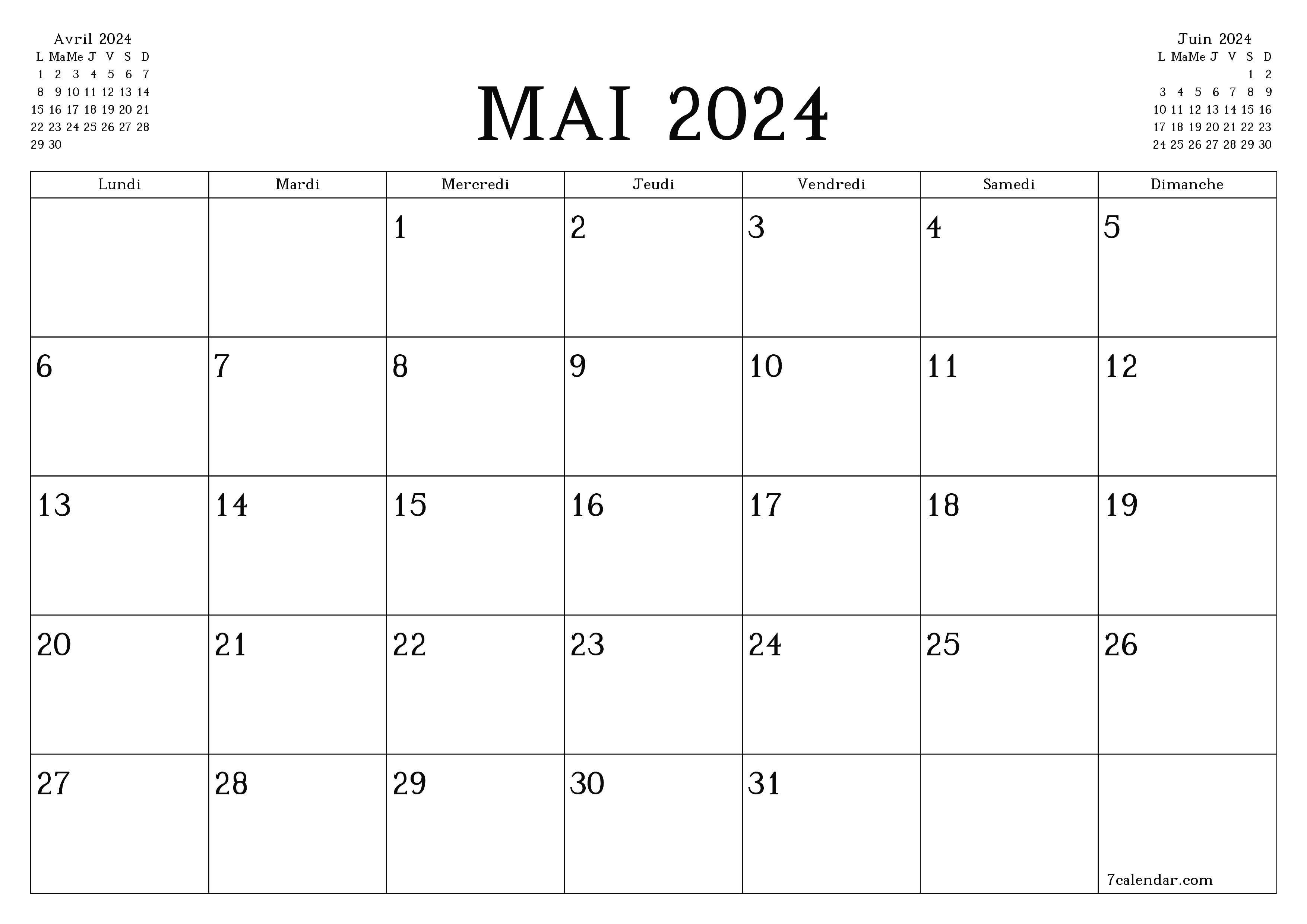 Agenda mensuel vide pour le mois Mai 2024 avec notes, enregistrez et imprimez au format PDF PNG French