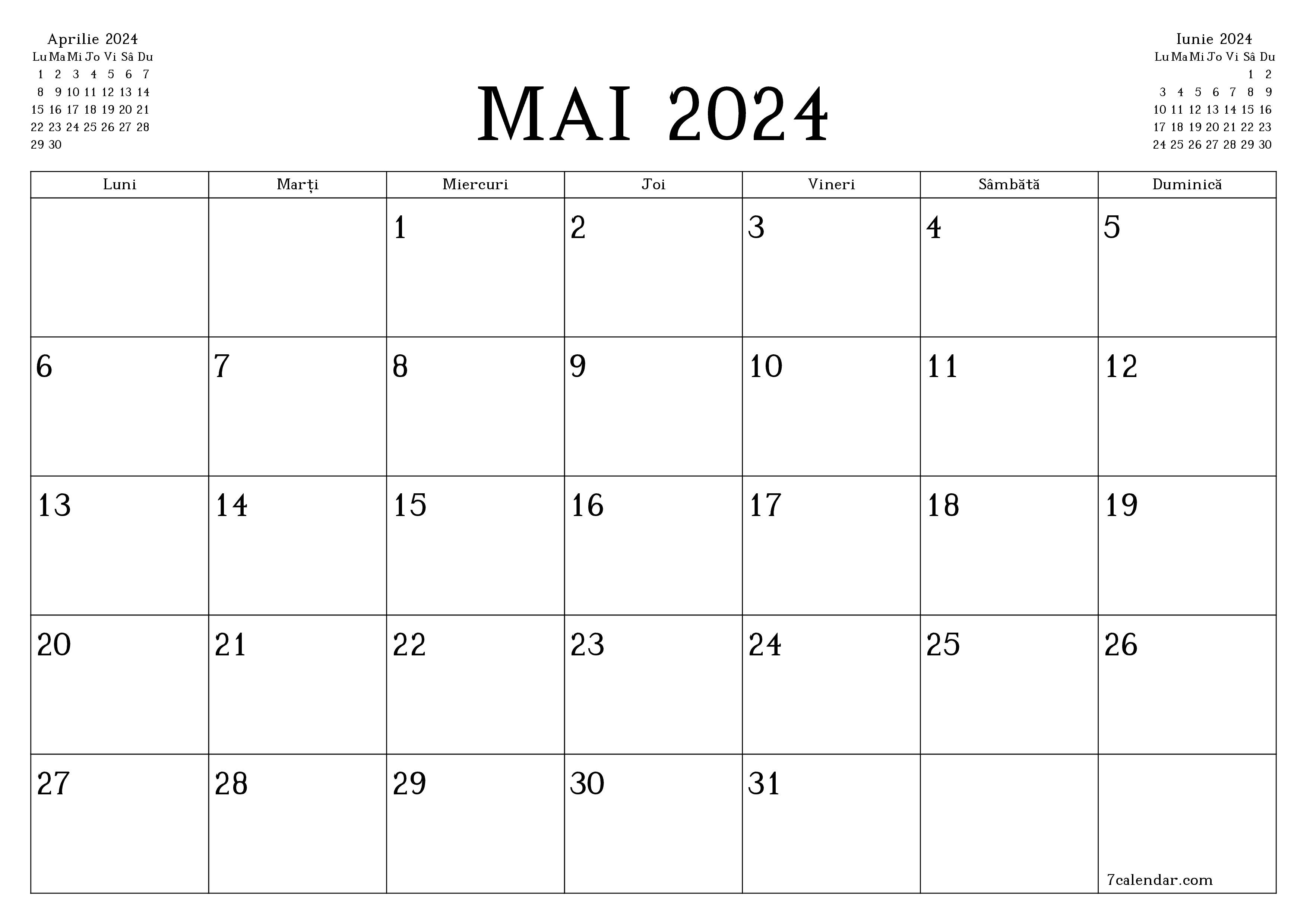Planificator lunar gol pentru luna Mai 2024 cu note, salvați și tipăriți în PDF PNG Romanian