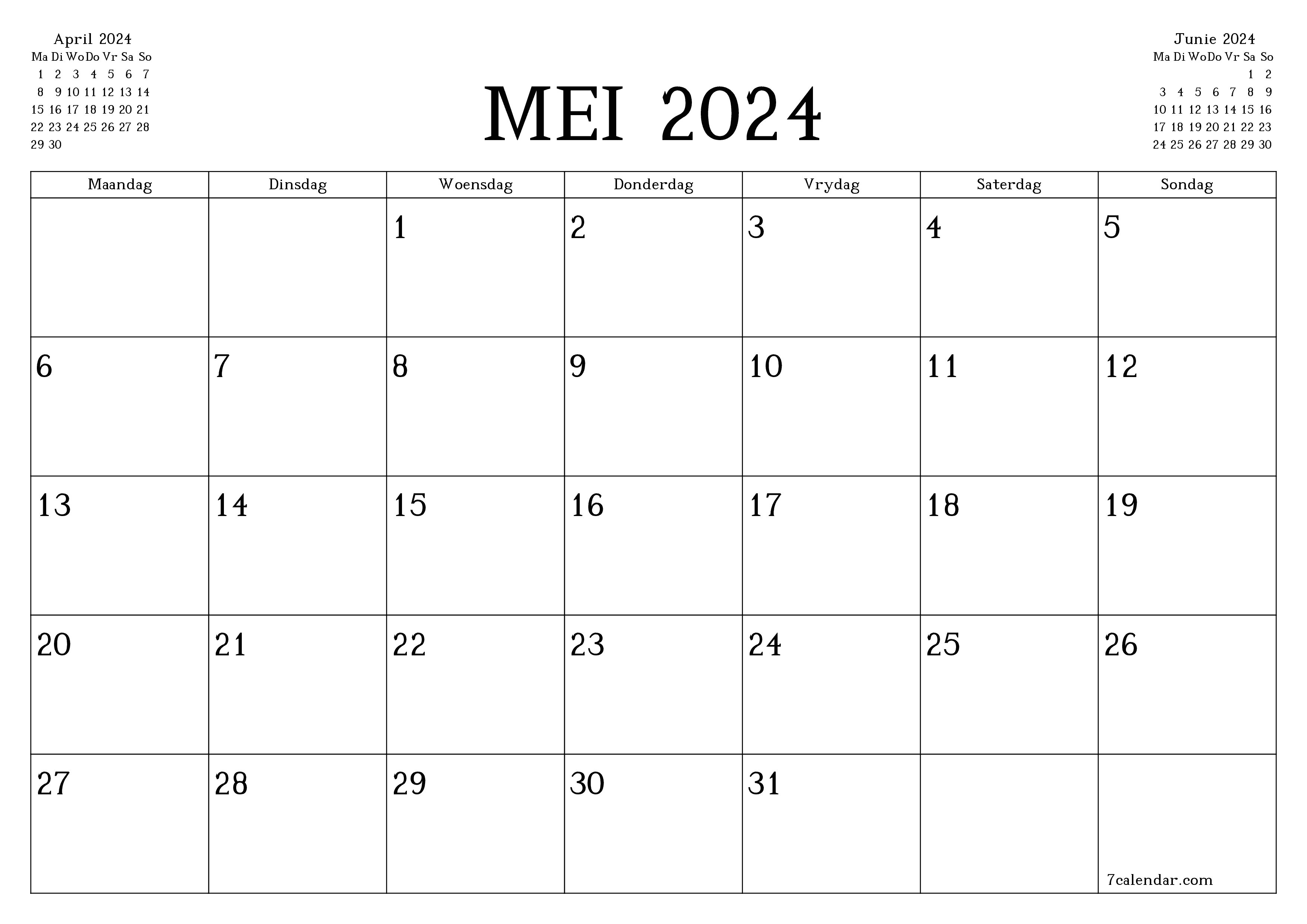 Leë maandelikse drukbare kalender en beplanner vir maand Mei 2024 met notas stoor en druk na PDF PNG Afrikaans