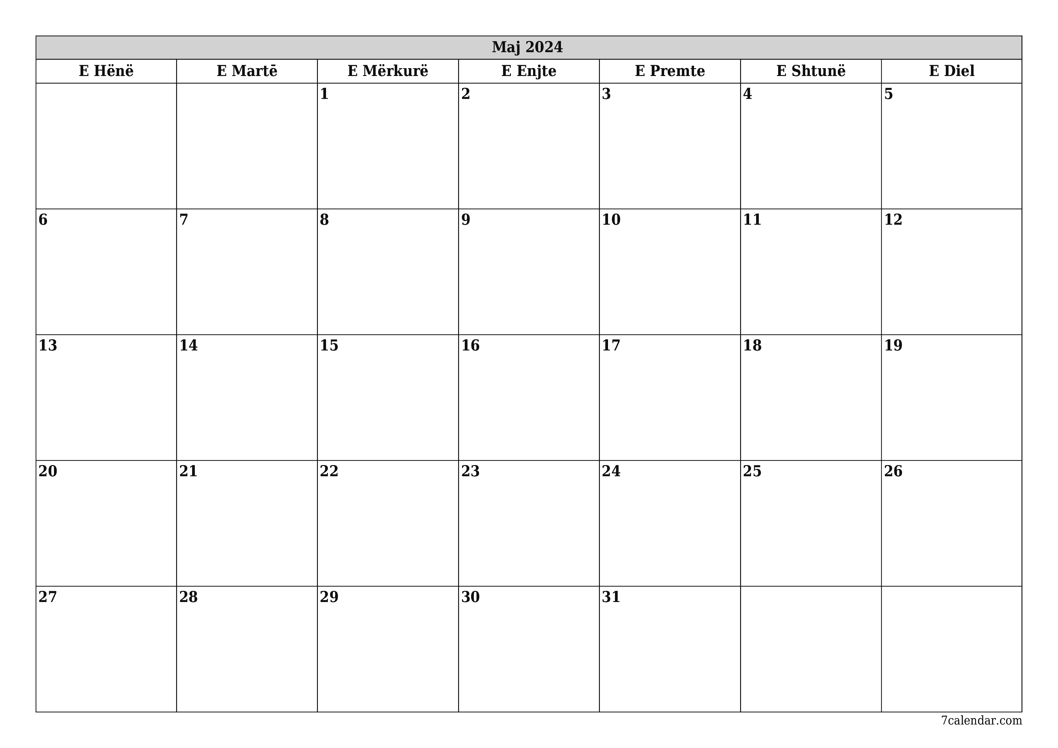 Planifikuesi i zbrazët i kalendarit mujor për muajin Maj 2024 me shënime të ruajtura dhe të printuara në PDF PNG Albanian
