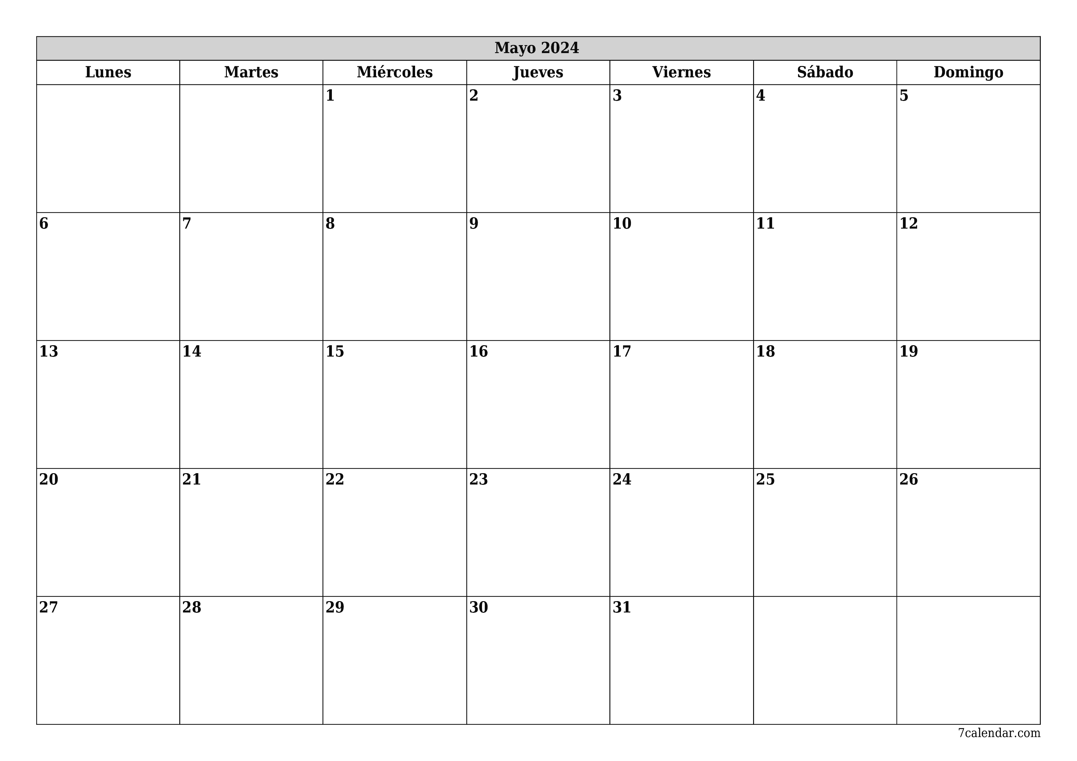 Planificador mensual vacío para el mes Mayo 2024 con notas, guardar e imprimir en PDF PNG Spanish