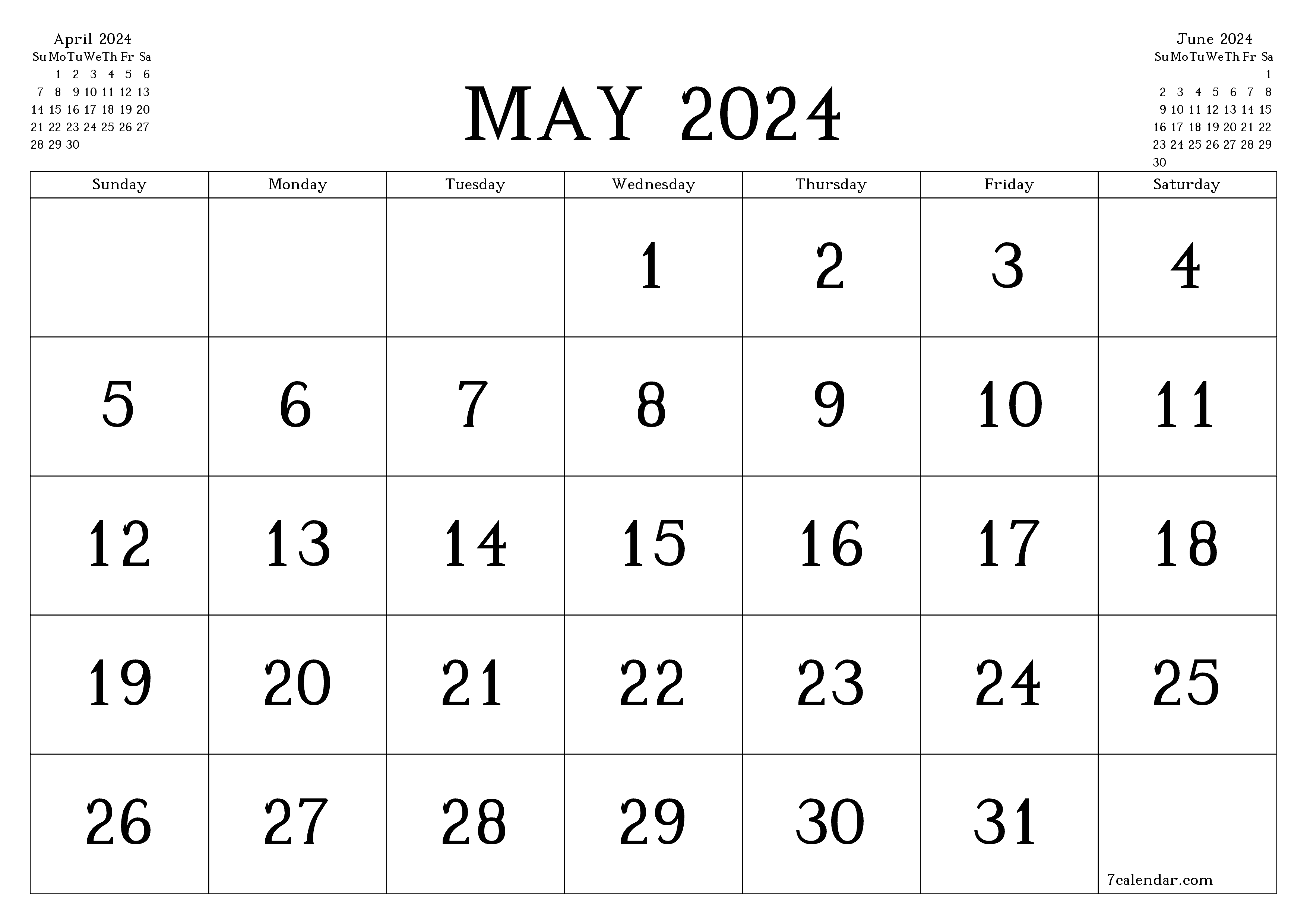 printable wall template free horizontal Monthly calendar May (May) 2024
