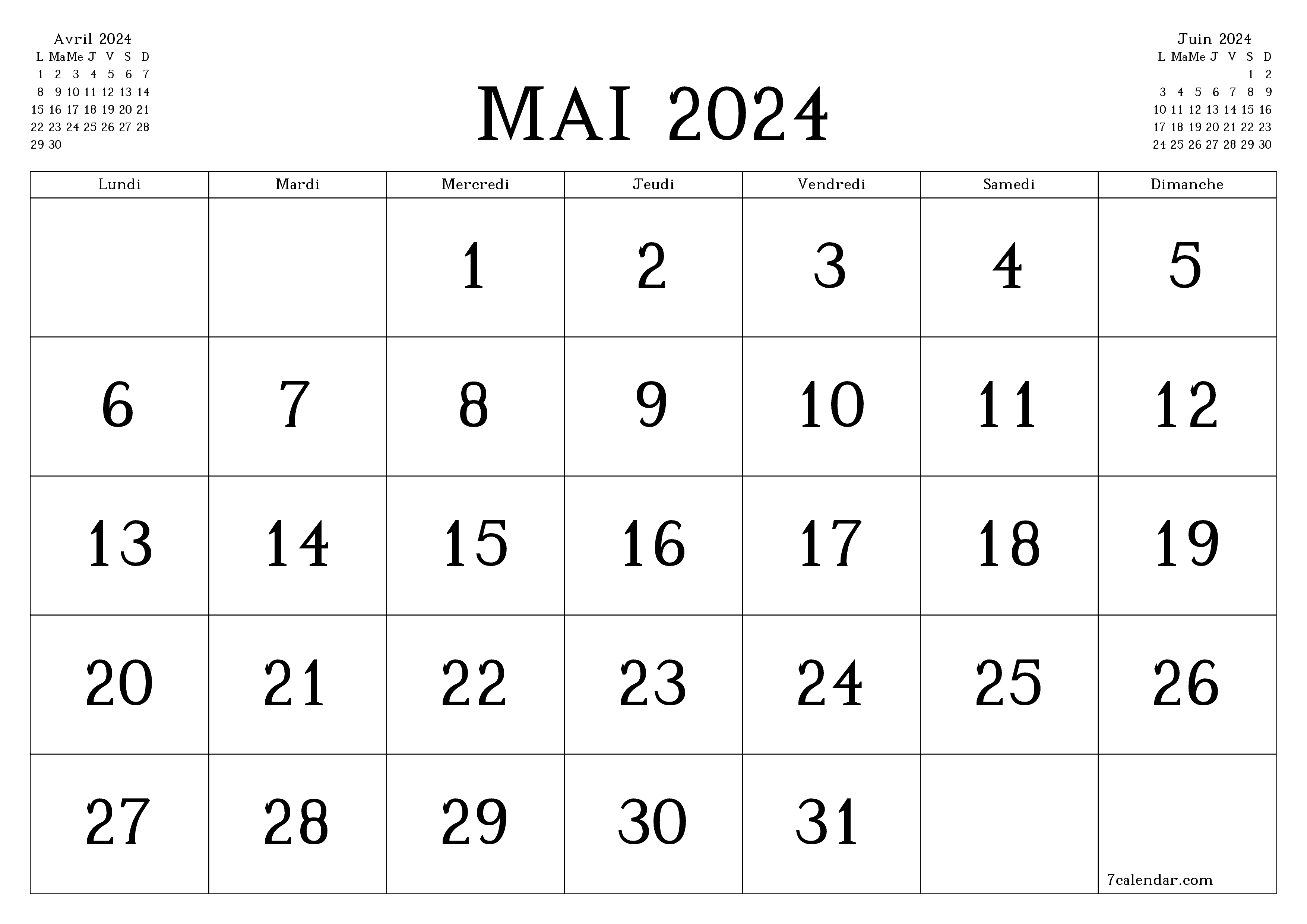 Agenda mensuel vide pour le mois Mai 2024 avec notes, enregistrez et imprimez au format PDF PNG French