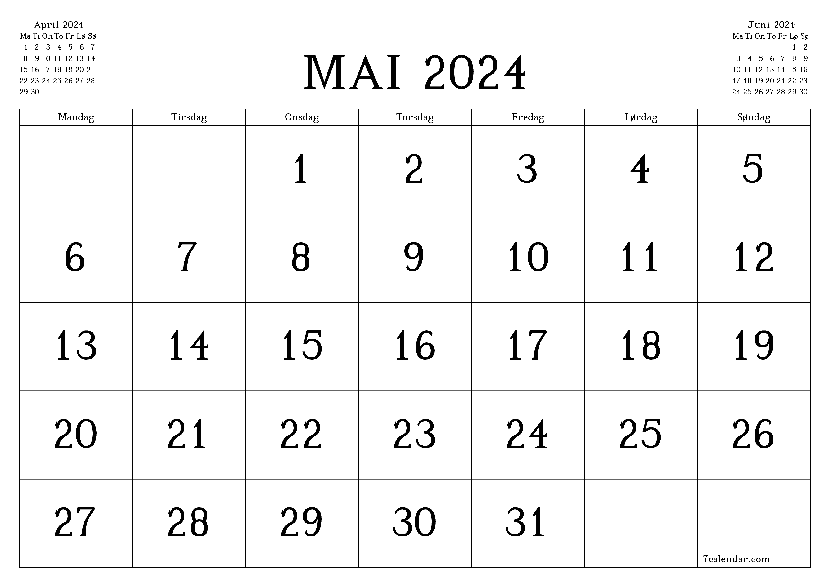 Tom månedlig planlegger for måned Mai 2024 med notater, lagre og skriv ut til PDF PNG Norwegian