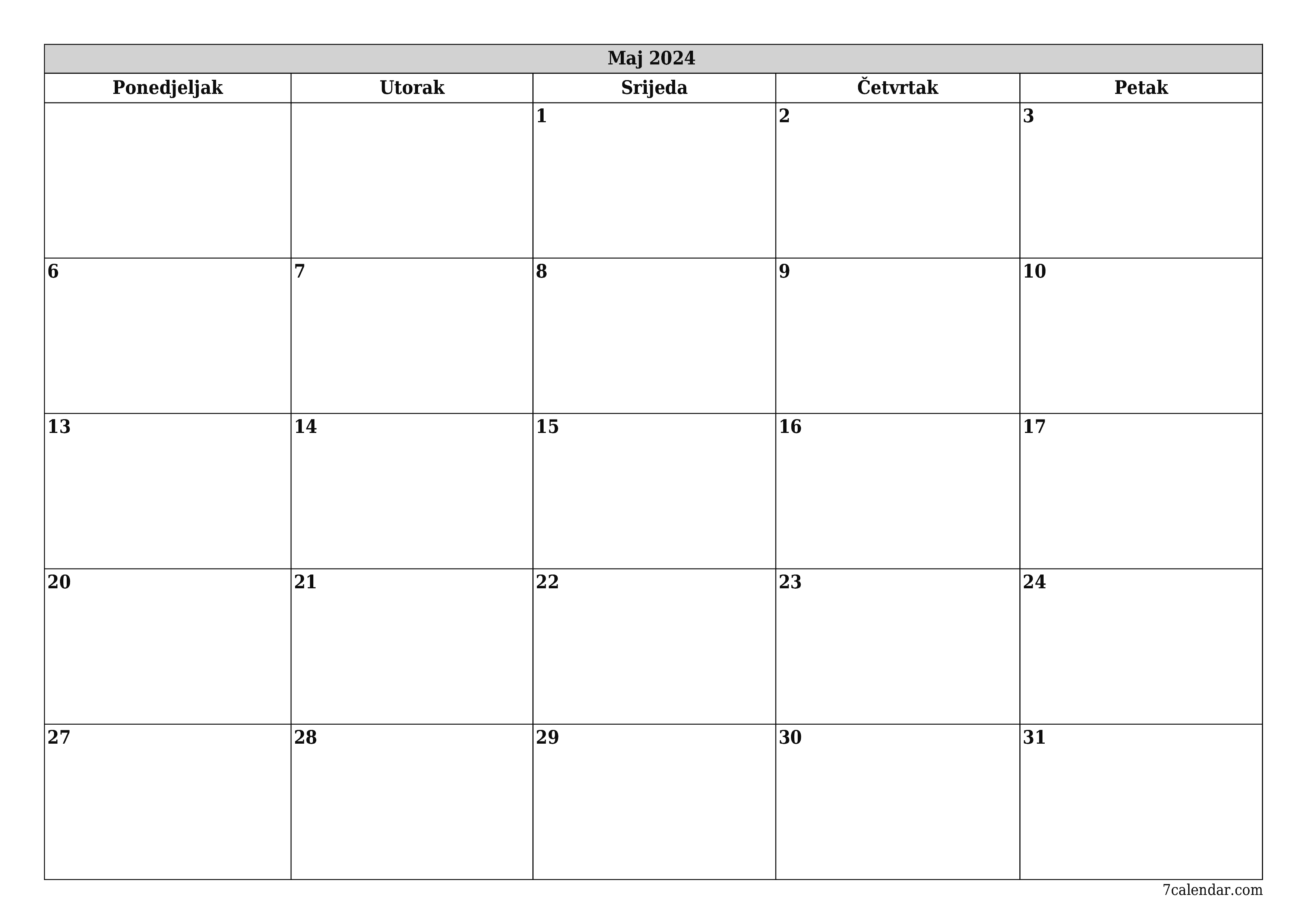 Ispraznite mjesečni planer za mjesec Maj 2024 s bilješkama, spremite i ispišite u PDF PNG Bosnian