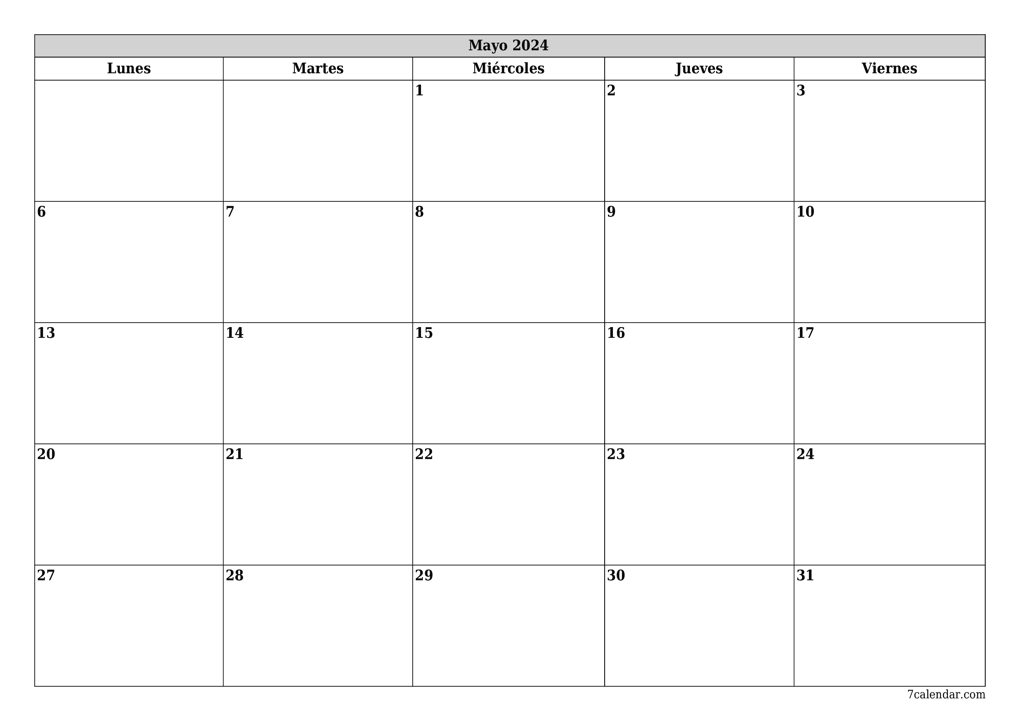 Planificador mensual vacío para el mes Mayo 2024 con notas, guardar e imprimir en PDF PNG Spanish