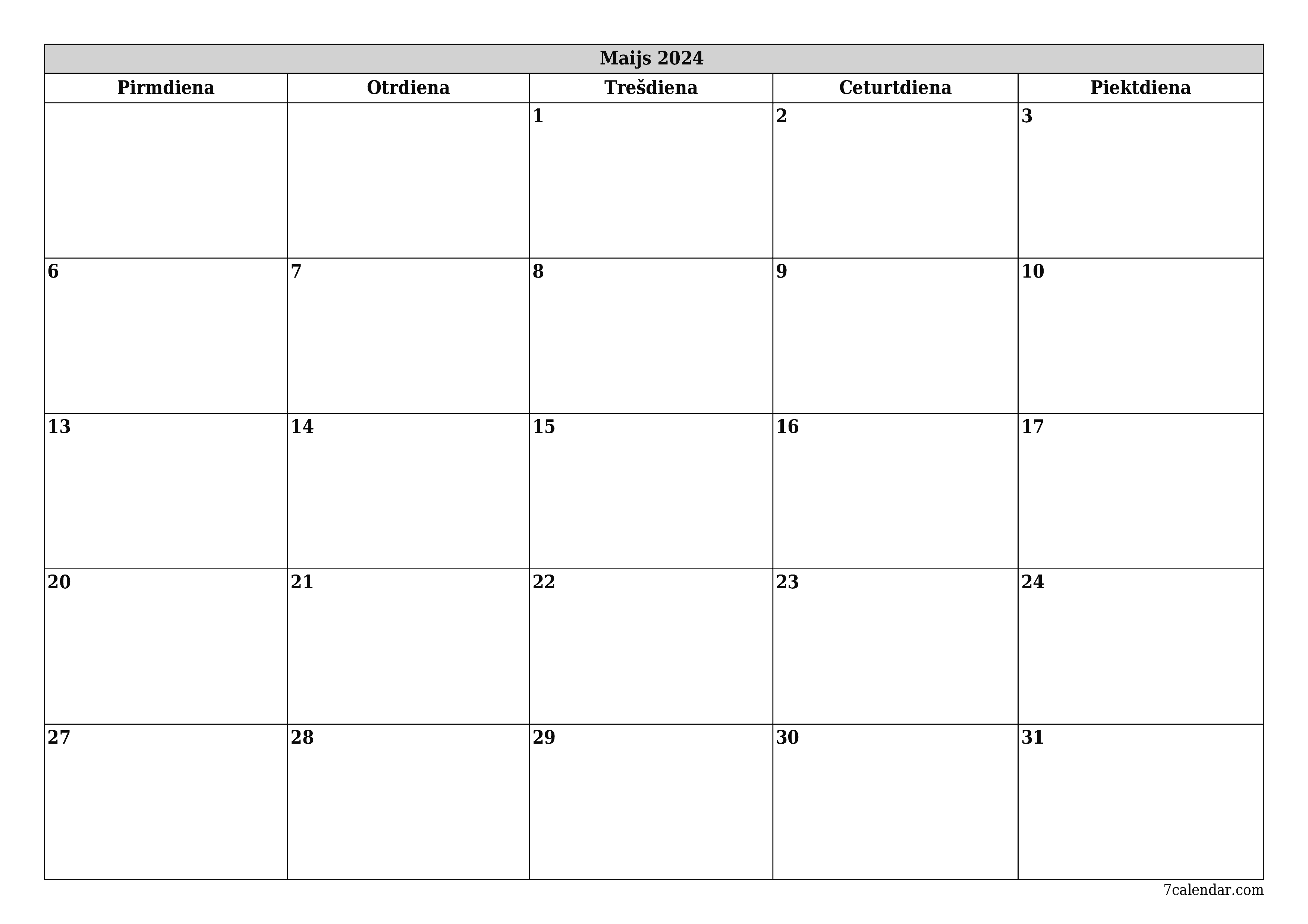 izdrukājams sienas kalendāra veidne bezmaksas horizontāli Mēneša plānotājs kalendārs Maijs (Mai) 2024