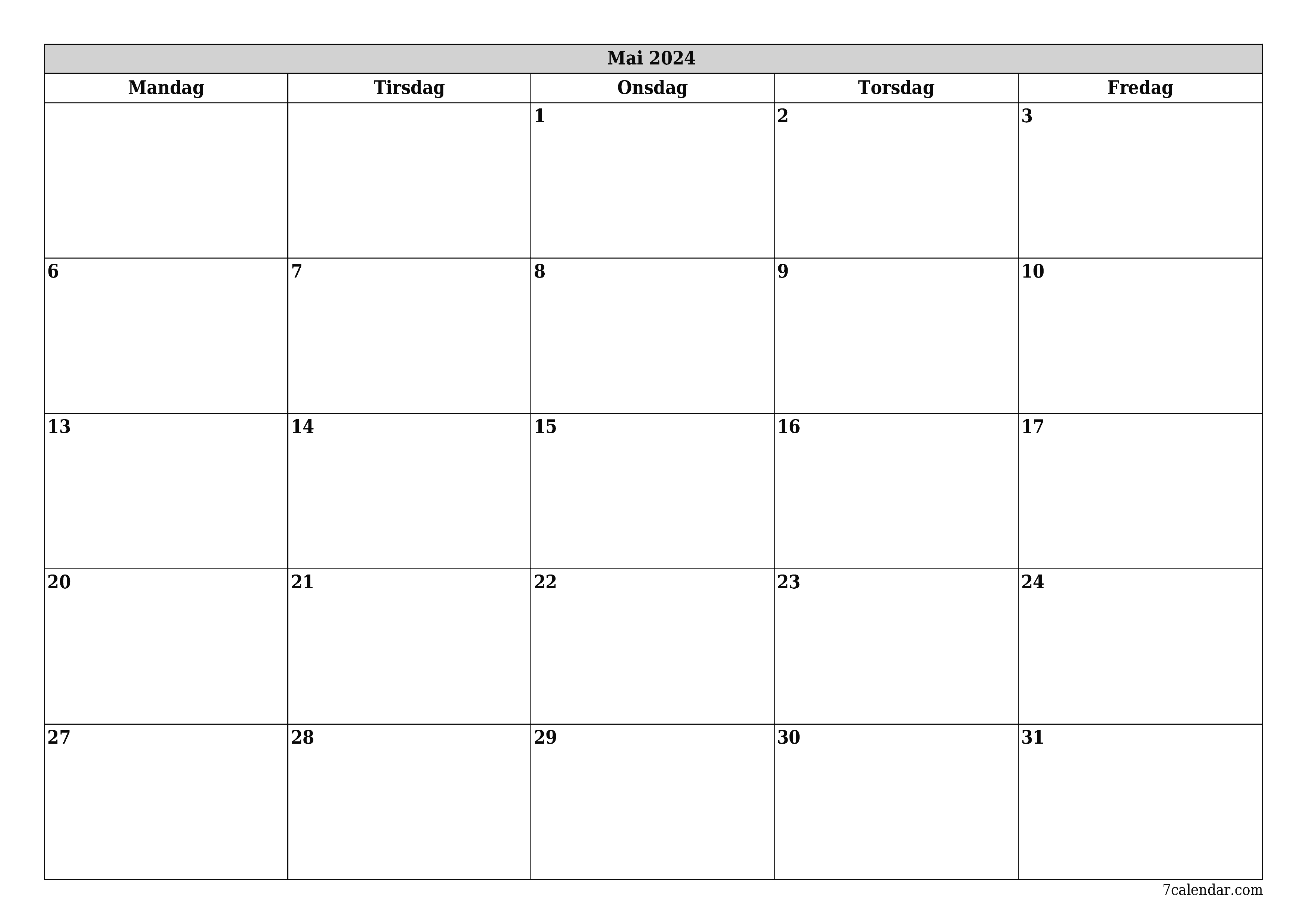 utskrivbar vegg mal gratis horisontal Månedlig planlegger kalender Mai (Mai) 2024