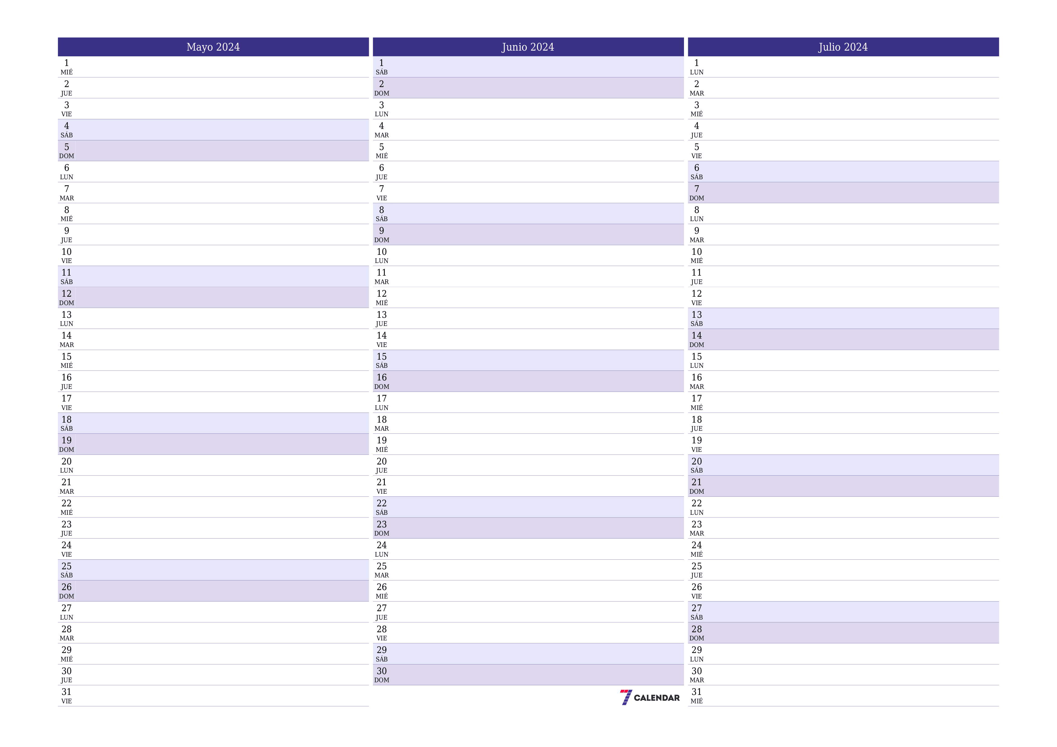  imprimible de pared plantilla de gratishorizontal Mensual planificador calendario Mayo (May) 2024