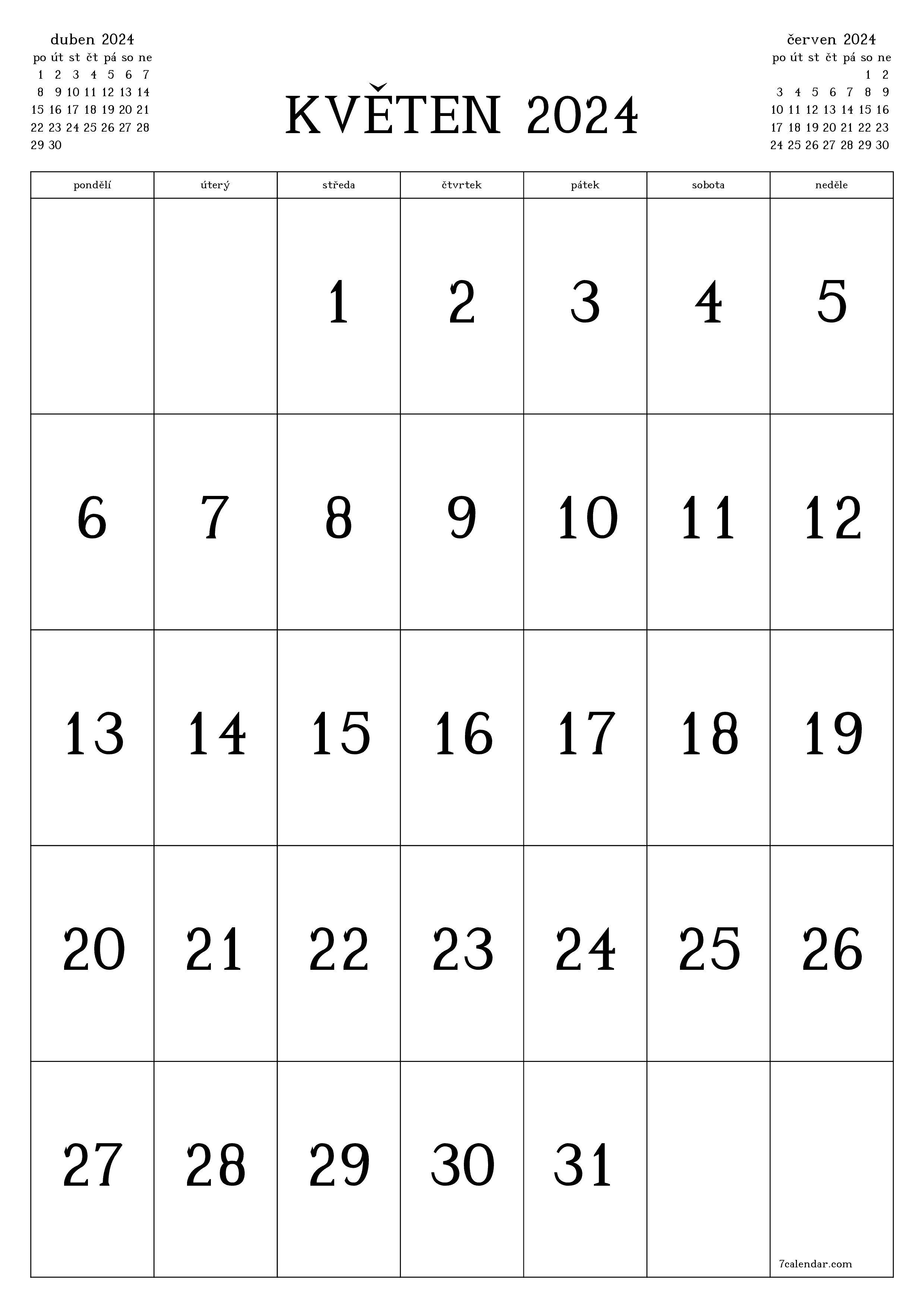  pro tisk nástěnný šablona e zdarmavertikální Měsíční kalendář květen (kvě) 2024