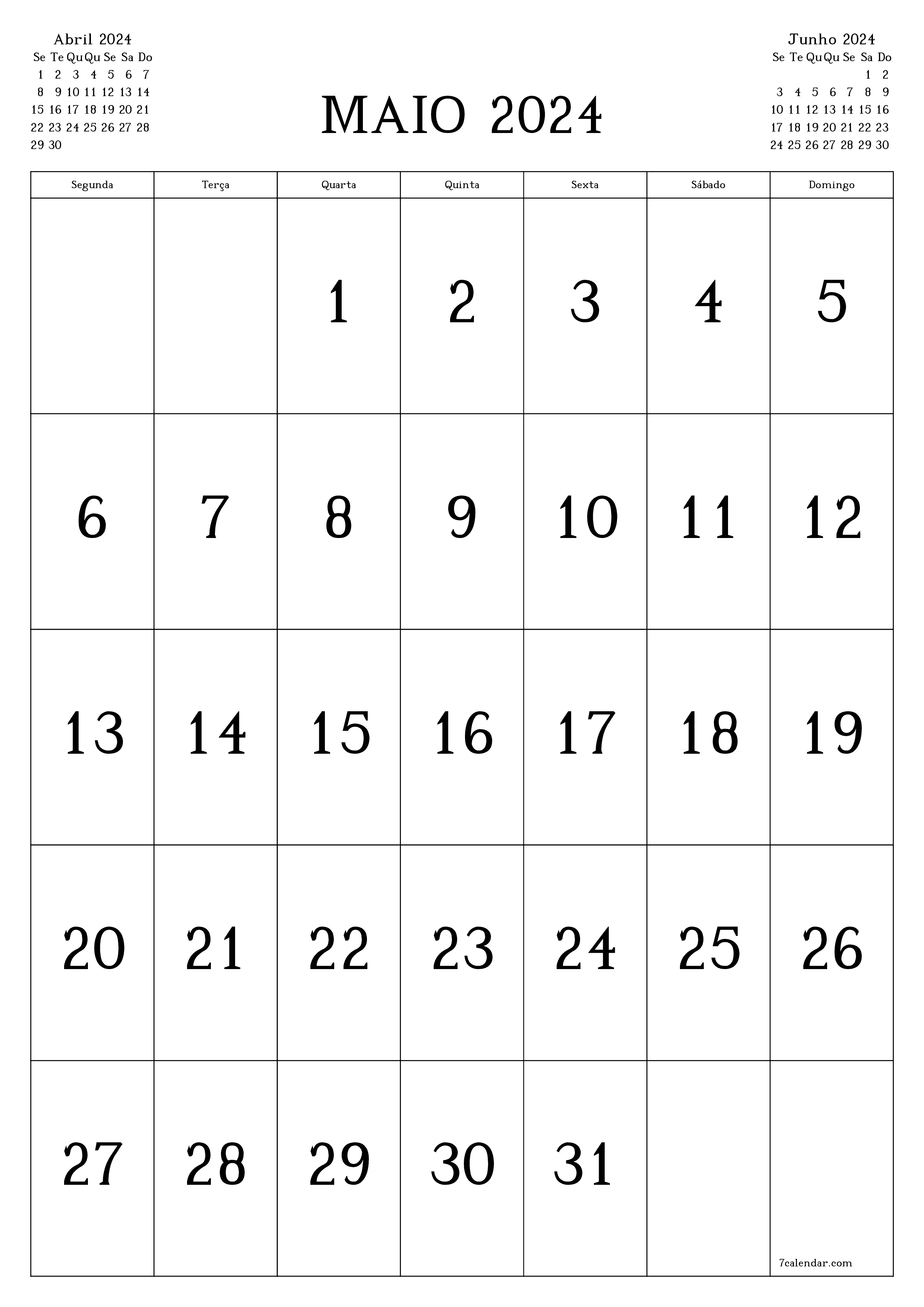  para impressão de parede modelo de grátisvertical Mensal calendário Maio (Mai) 2024