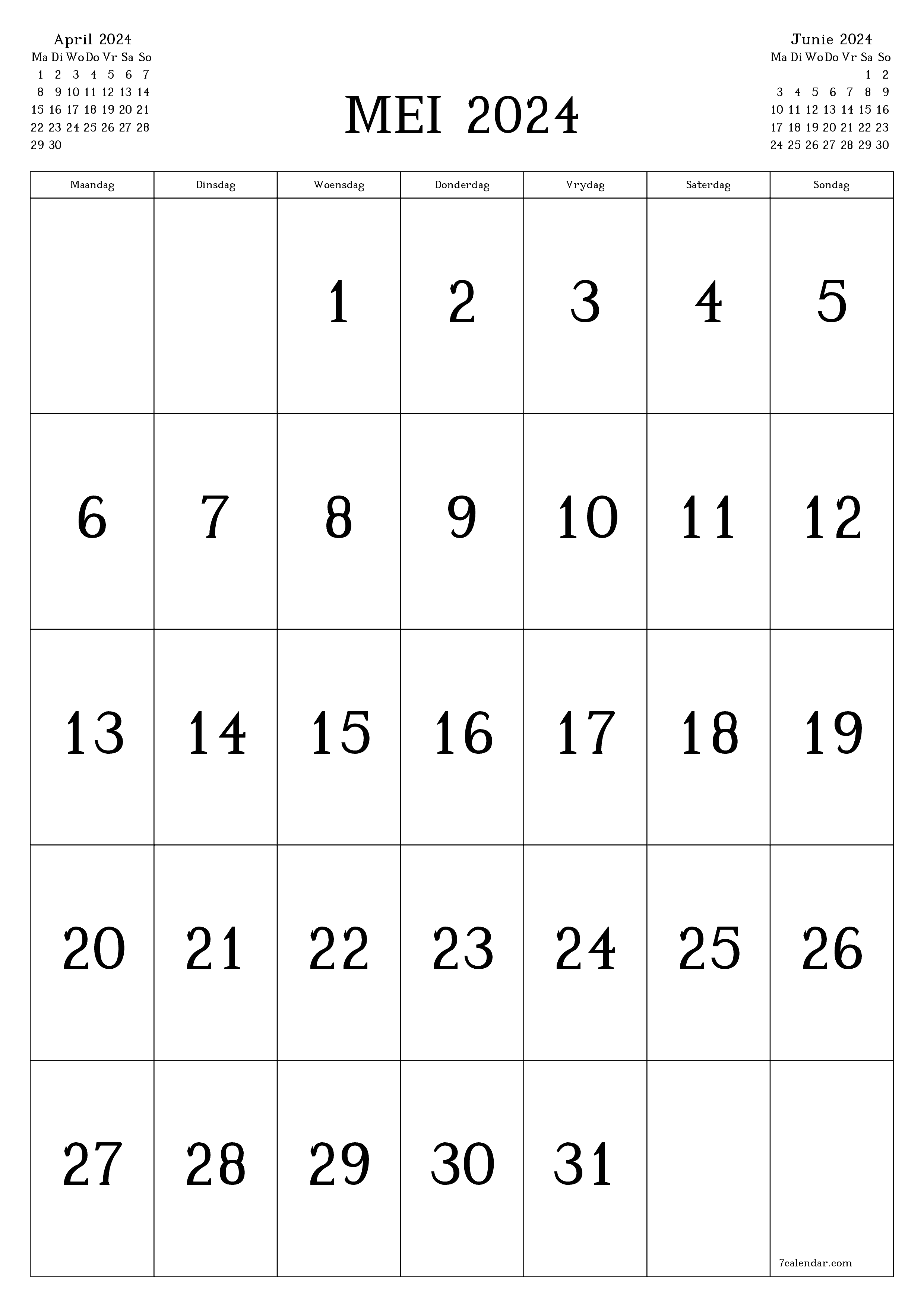 Leë maandelikse drukbare kalender en beplanner vir maand Mei 2024 met notas stoor en druk na PDF PNG Afrikaans