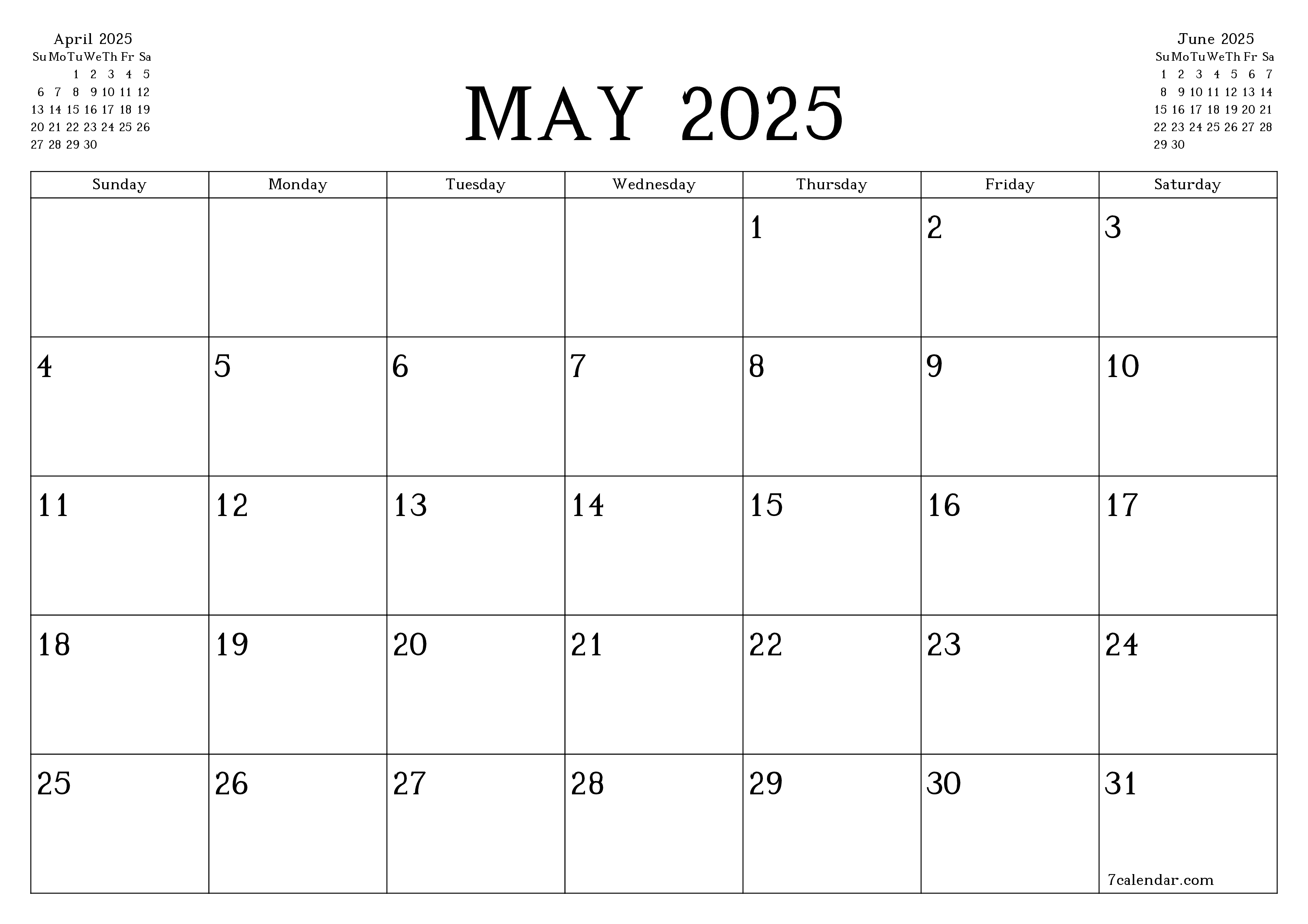 printable wall template free horizontal Monthly planner calendar May (May) 2025