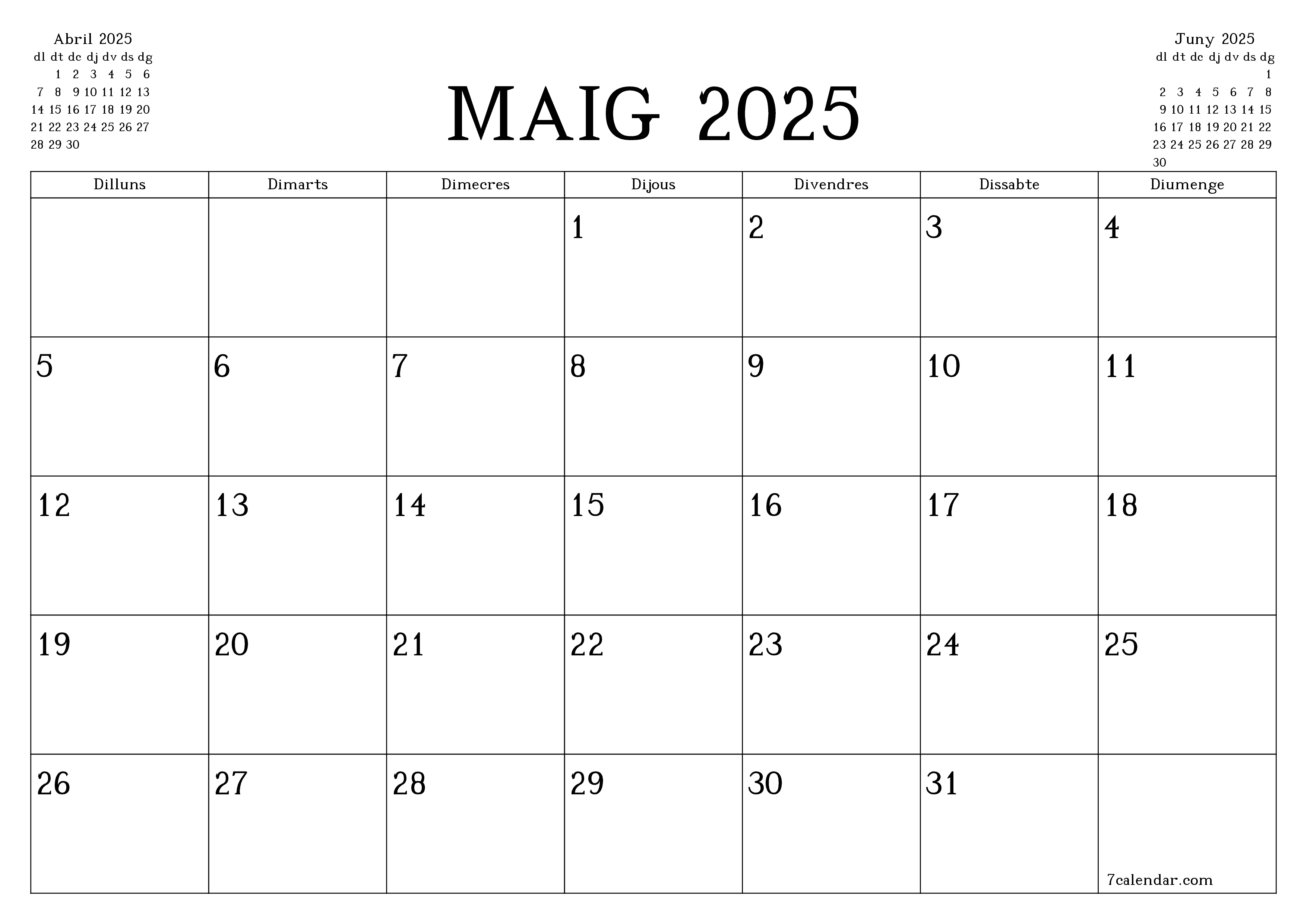 Planificador mensual buit del mes Maig 2025 amb notes, deseu-lo i imprimiu-lo en format PDF PNG Catalan