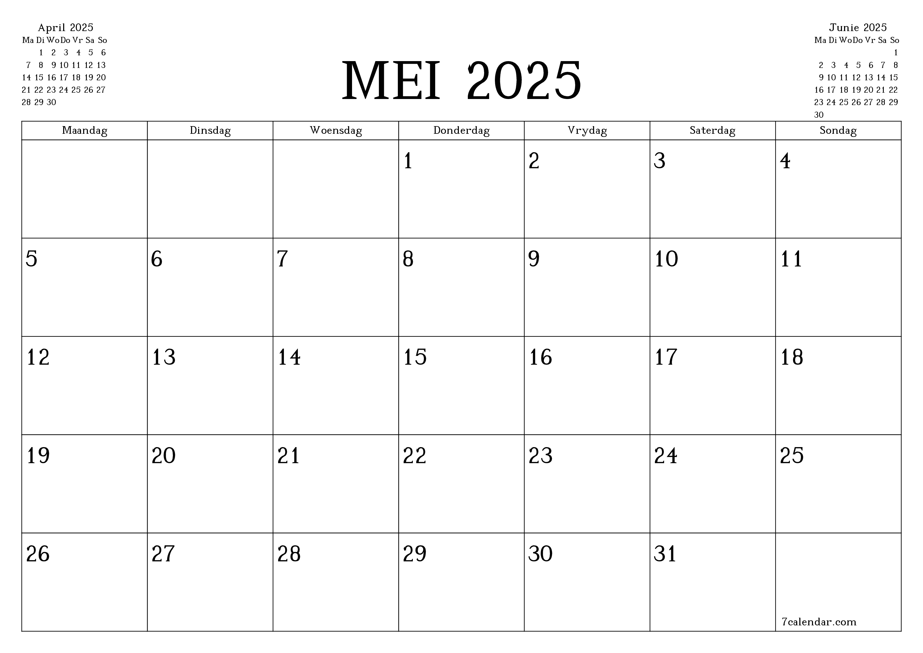 Leë maandelikse drukbare kalender en beplanner vir maand Mei 2025 met notas stoor en druk na PDF PNG Afrikaans