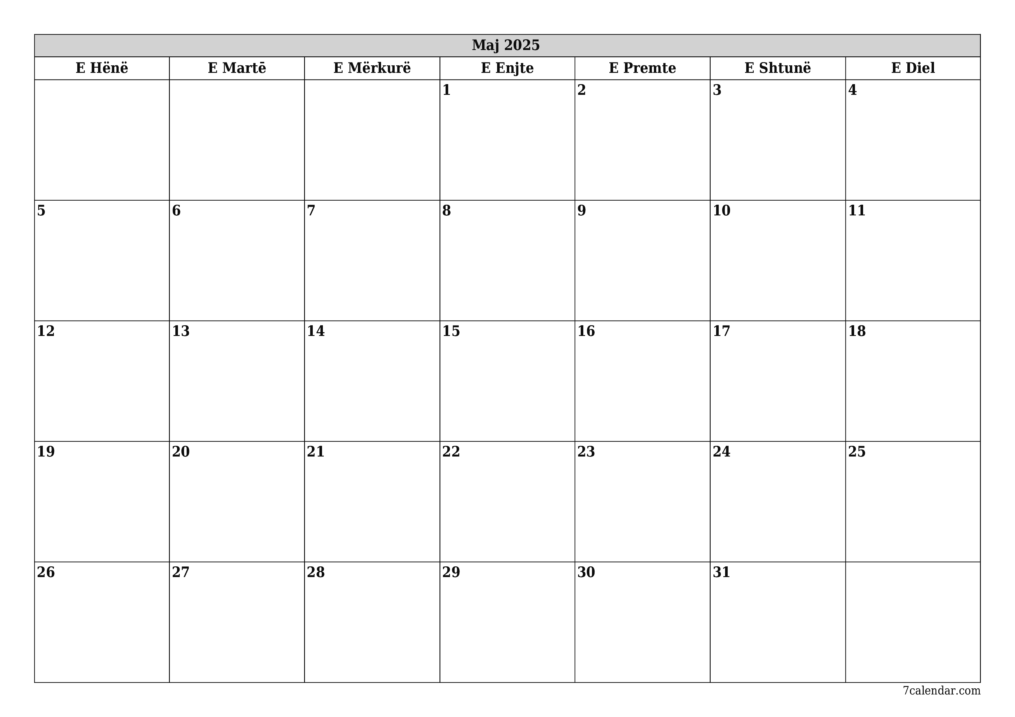 Planifikuesi i zbrazët i kalendarit mujor për muajin Maj 2025 me shënime të ruajtura dhe të printuara në PDF PNG Albanian