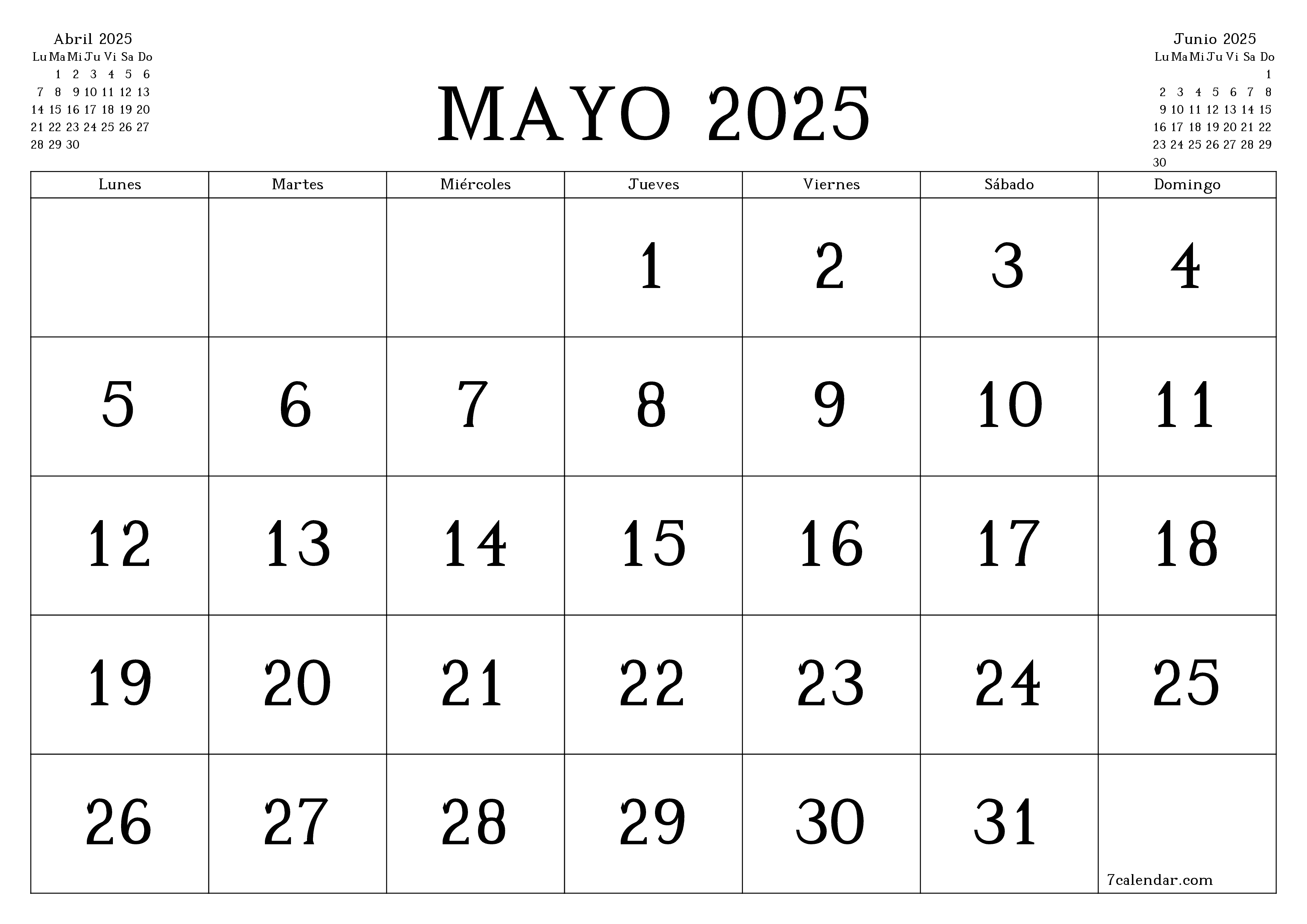 Planificador mensual vacío para el mes Mayo 2025 con notas, guardar e imprimir en PDF PNG Spanish