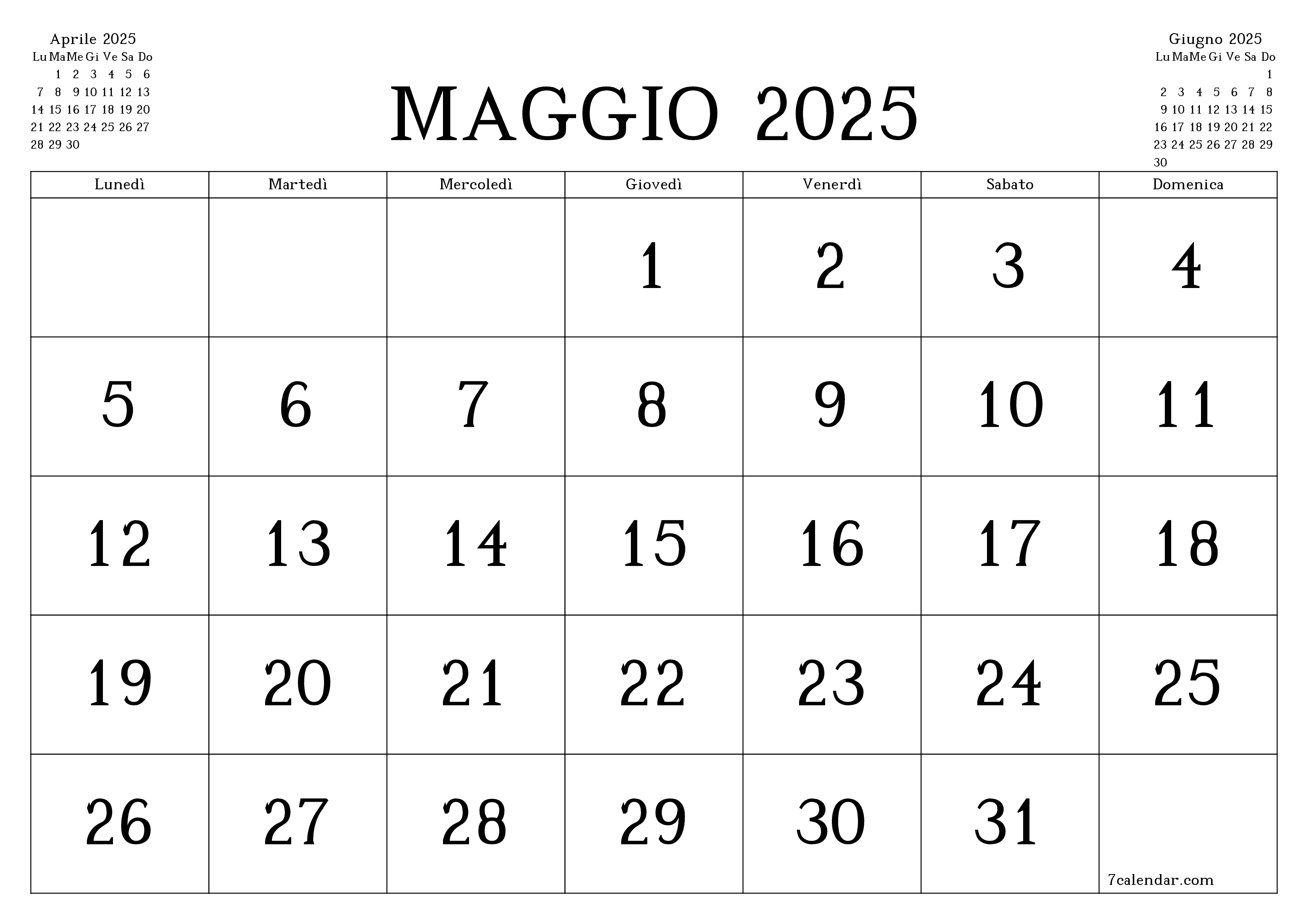 Pianificatore mensile vuoto per il mese Maggio 2025 con note, salva e stampa in PDF PNG Italian