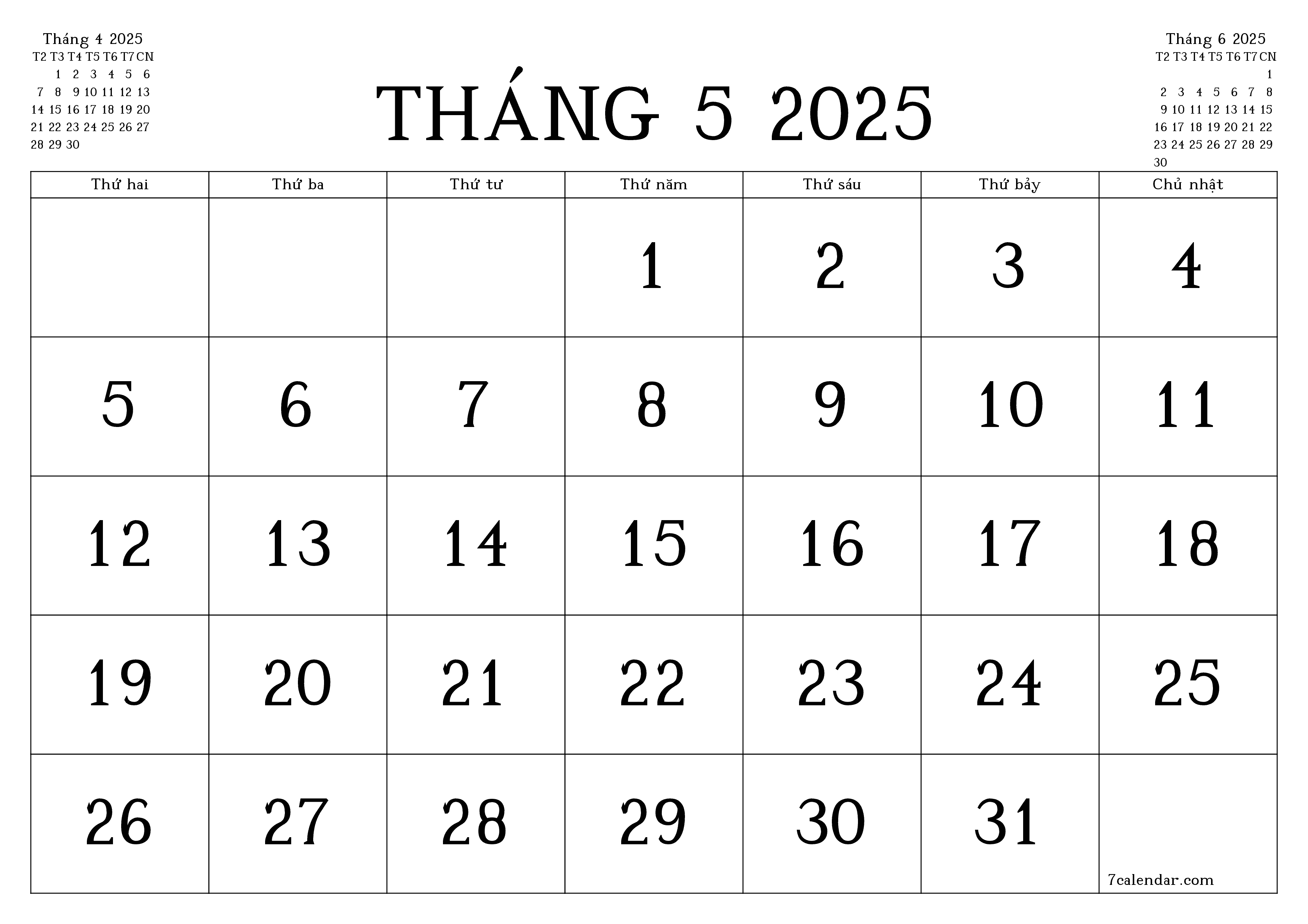 Công cụ lập kế hoạch hàng tháng trống cho tháng Tháng 5 2025 có ghi chú, lưu và in sang PDF PNG Vietnamese