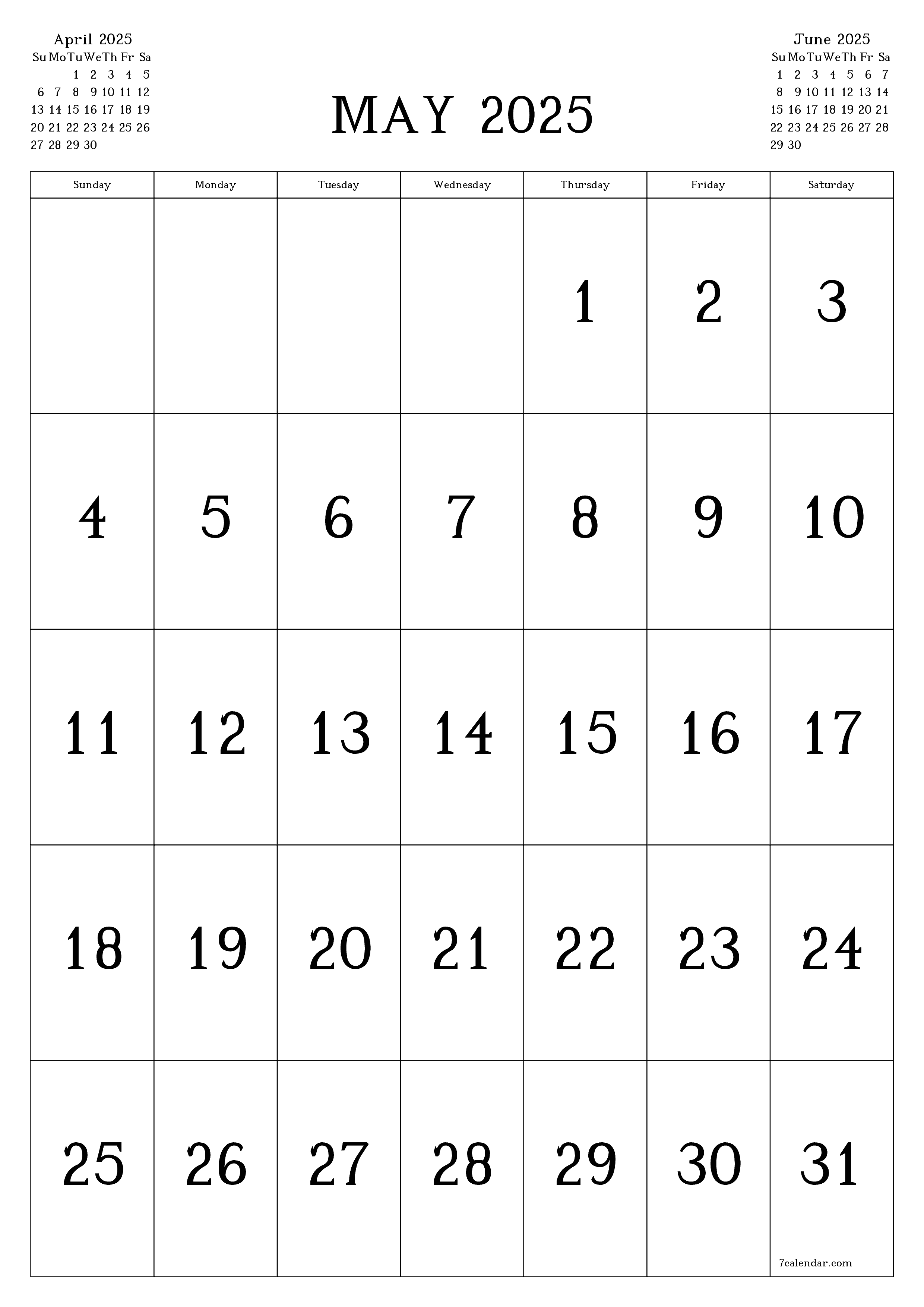 Blank monthly printable calendar and planner for month May 2025 with notes save and print to PDF PNG English