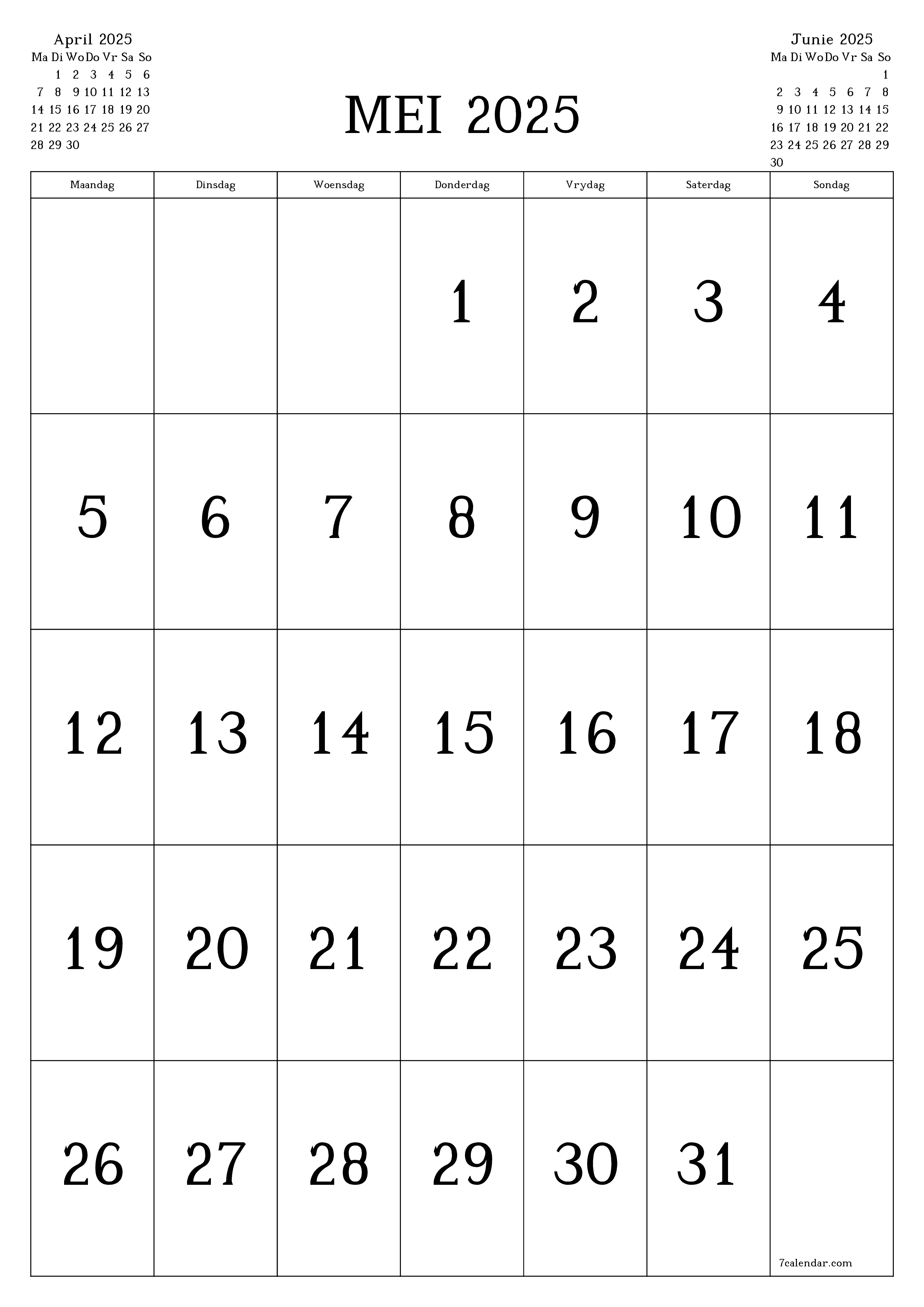 Leë maandelikse drukbare kalender en beplanner vir maand Mei 2025 met notas stoor en druk na PDF PNG Afrikaans