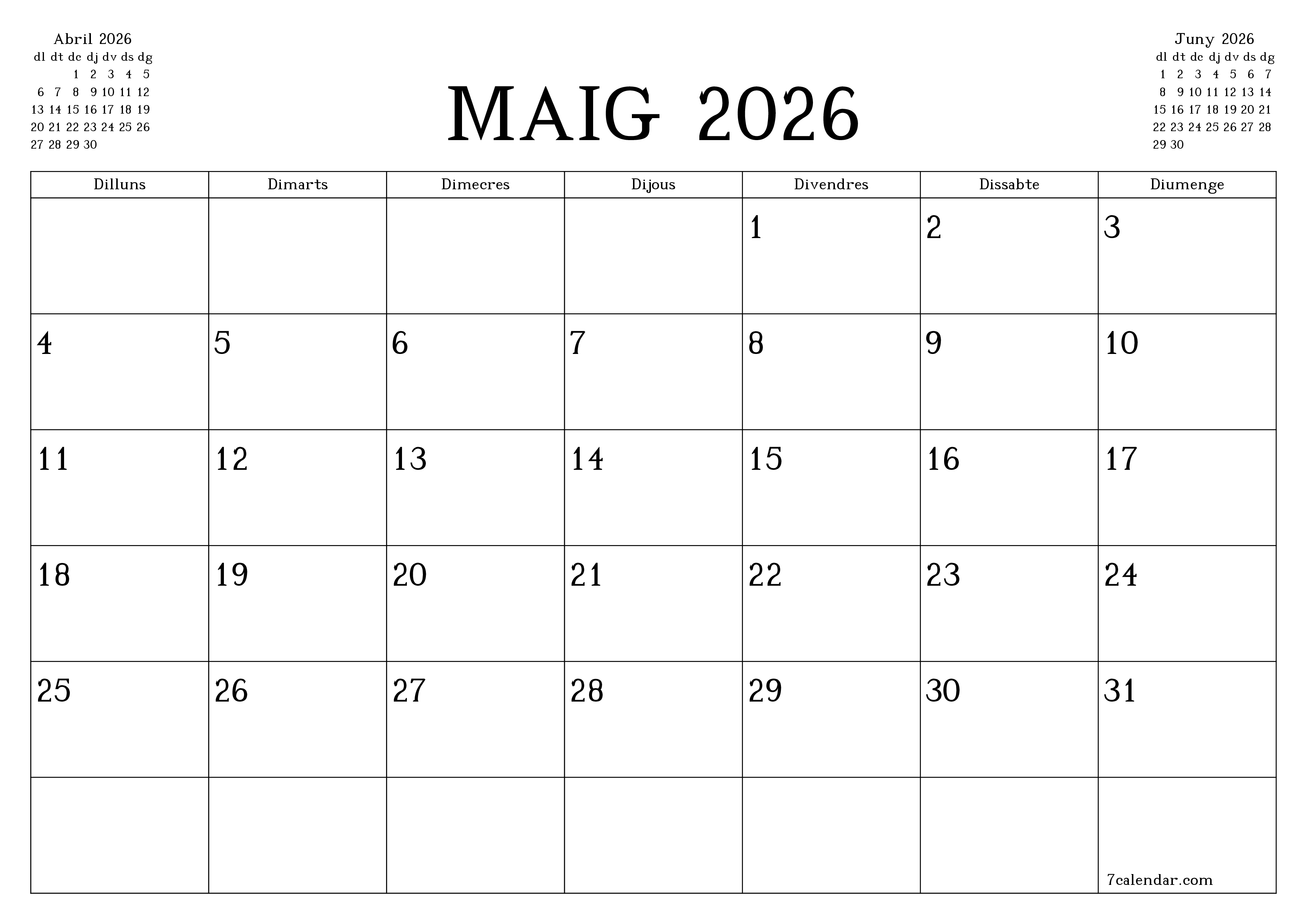 Planificador mensual buit del mes Maig 2026 amb notes, deseu-lo i imprimiu-lo en format PDF PNG Catalan