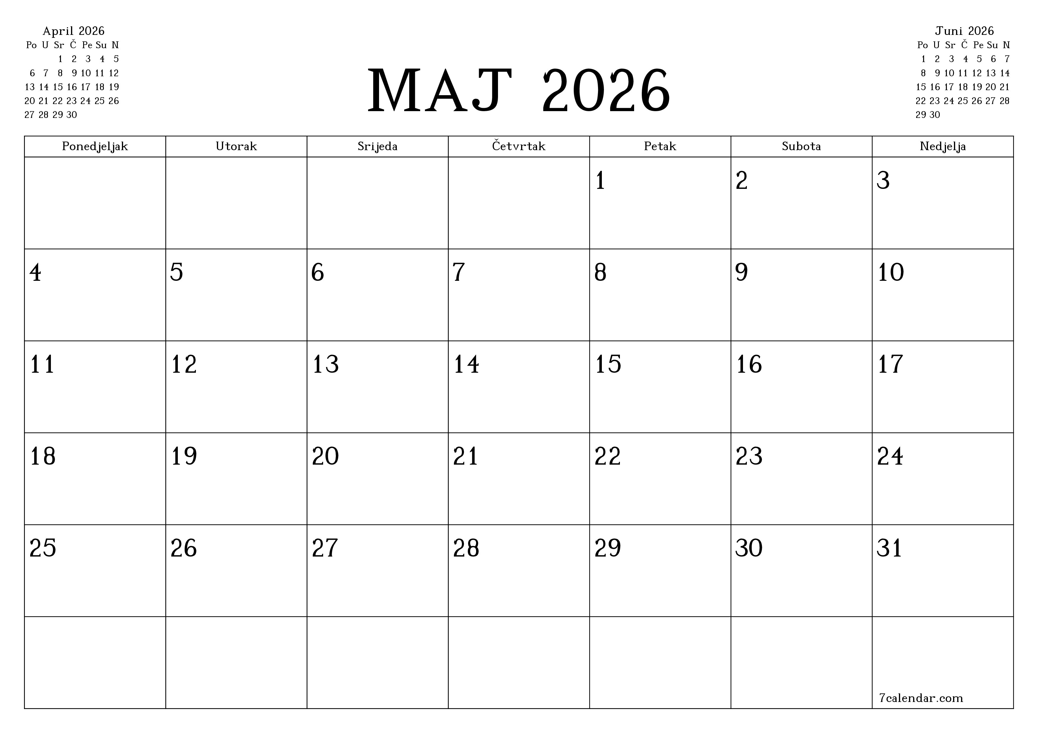 Ispraznite mjesečni planer za mjesec Maj 2026 s bilješkama, spremite i ispišite u PDF PNG Bosnian
