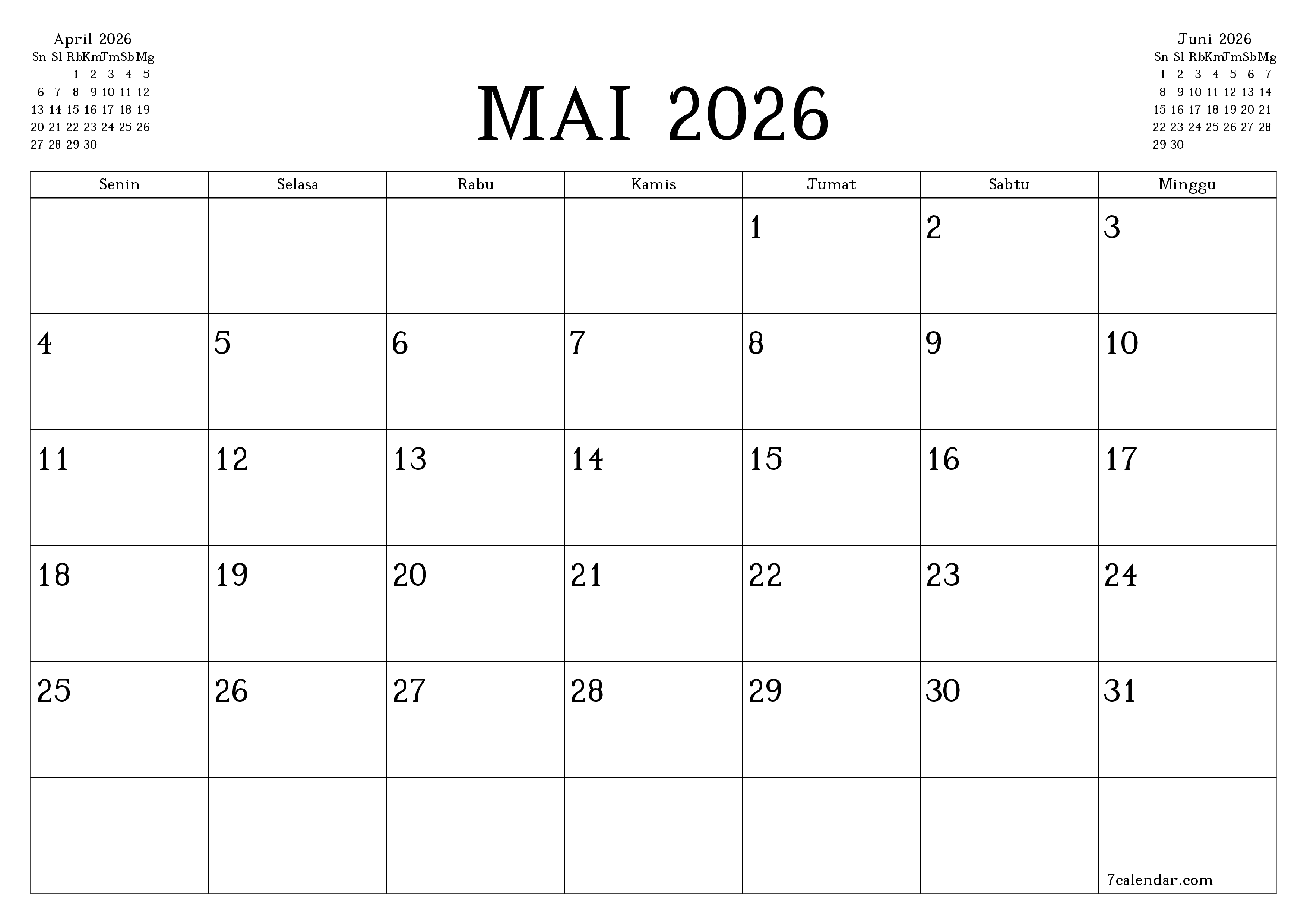 Kosongkan agenda bulanan untuk bulan Mai 2026 dengan catatan, simpan dan cetak ke PDF PNG Indonesian