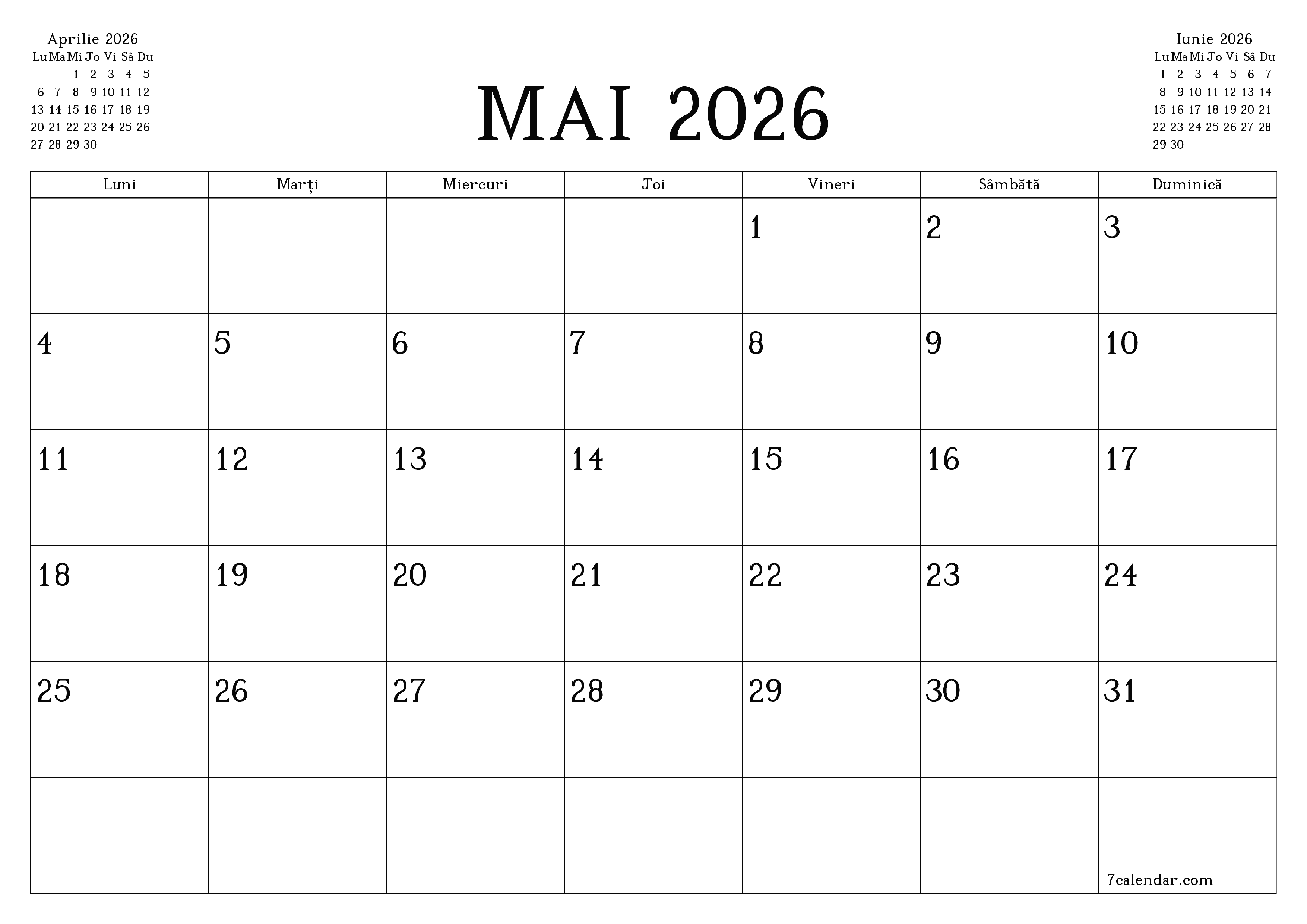 Planificator lunar gol pentru luna Mai 2026 cu note, salvați și tipăriți în PDF PNG Romanian