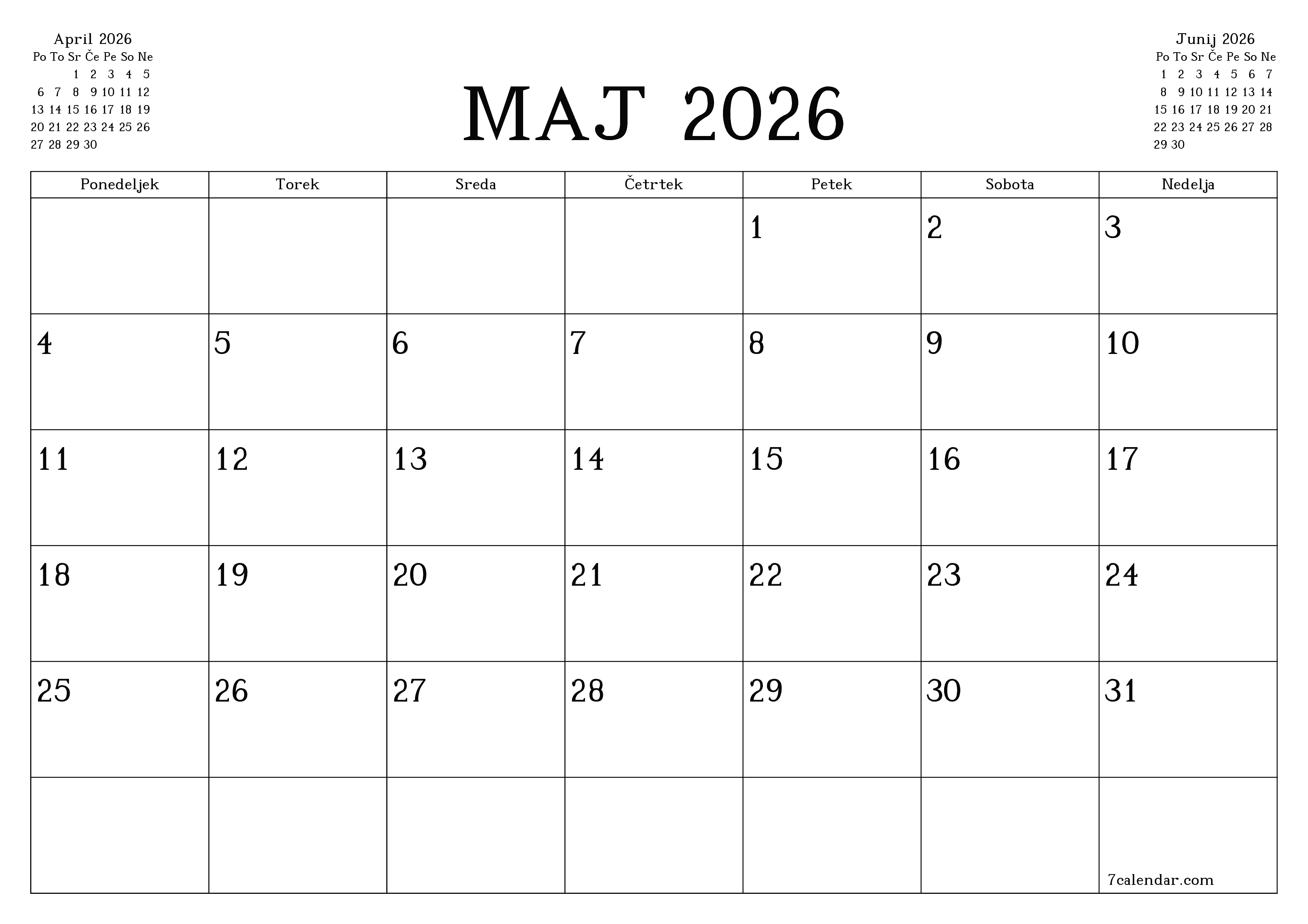 Prazen mesečni načrtovalec koledarja za mesec Maj 2026 z opombami, natisnjenimi v PDF PNG Slovenian