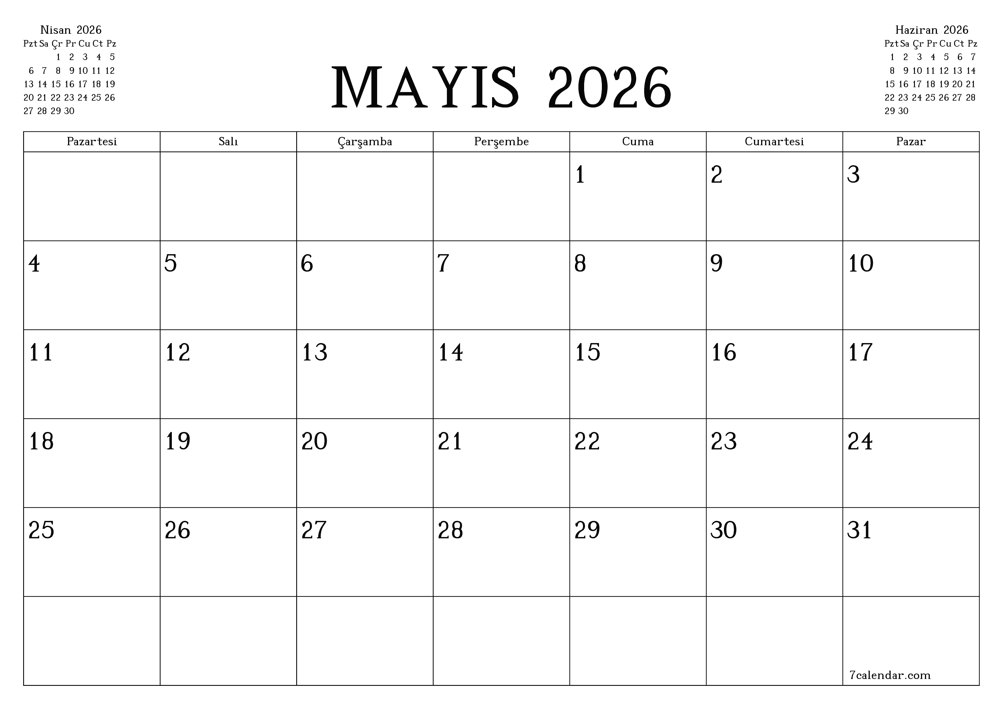 Mayıs 2026 ayı için notlarla birlikte boş aylık planlayıcı, kaydedin ve PDF'ye yazdırın PNG Turkish