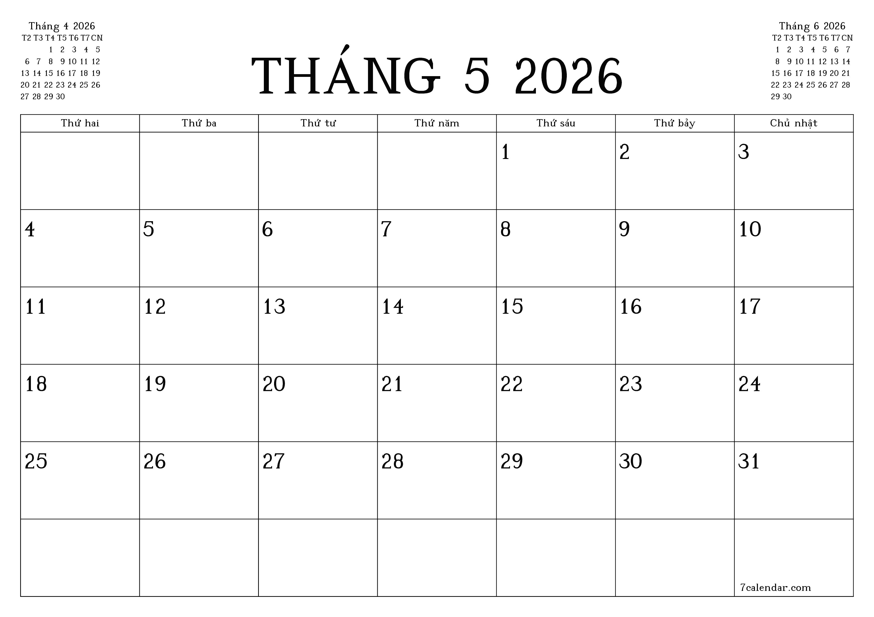 Công cụ lập kế hoạch hàng tháng trống cho tháng Tháng 5 2026 có ghi chú, lưu và in sang PDF PNG Vietnamese